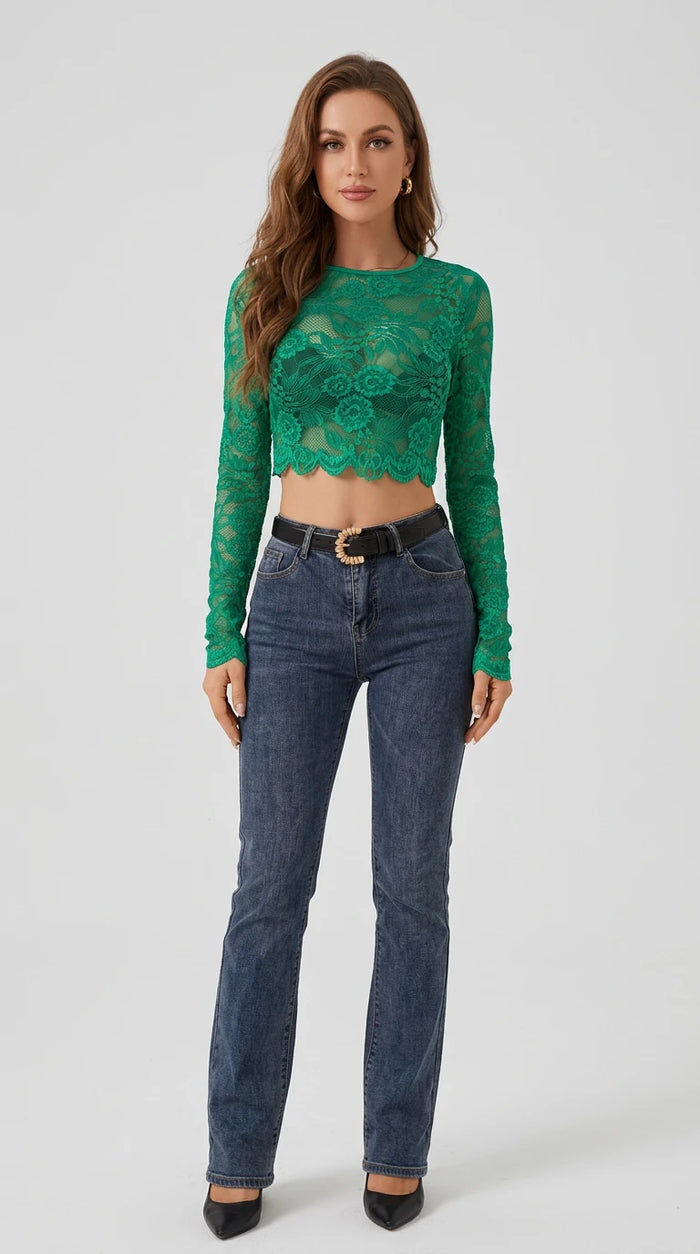 Lace Sheer Long Sleeve Crop T-Shirt in Dark Green