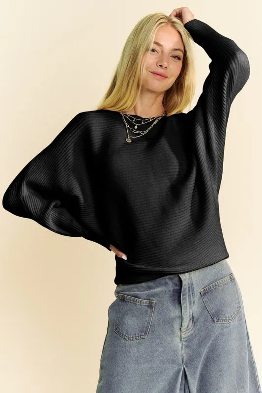 Davi & Dani Round Neck Batwing Sleeve Sweater - Lilixa.store