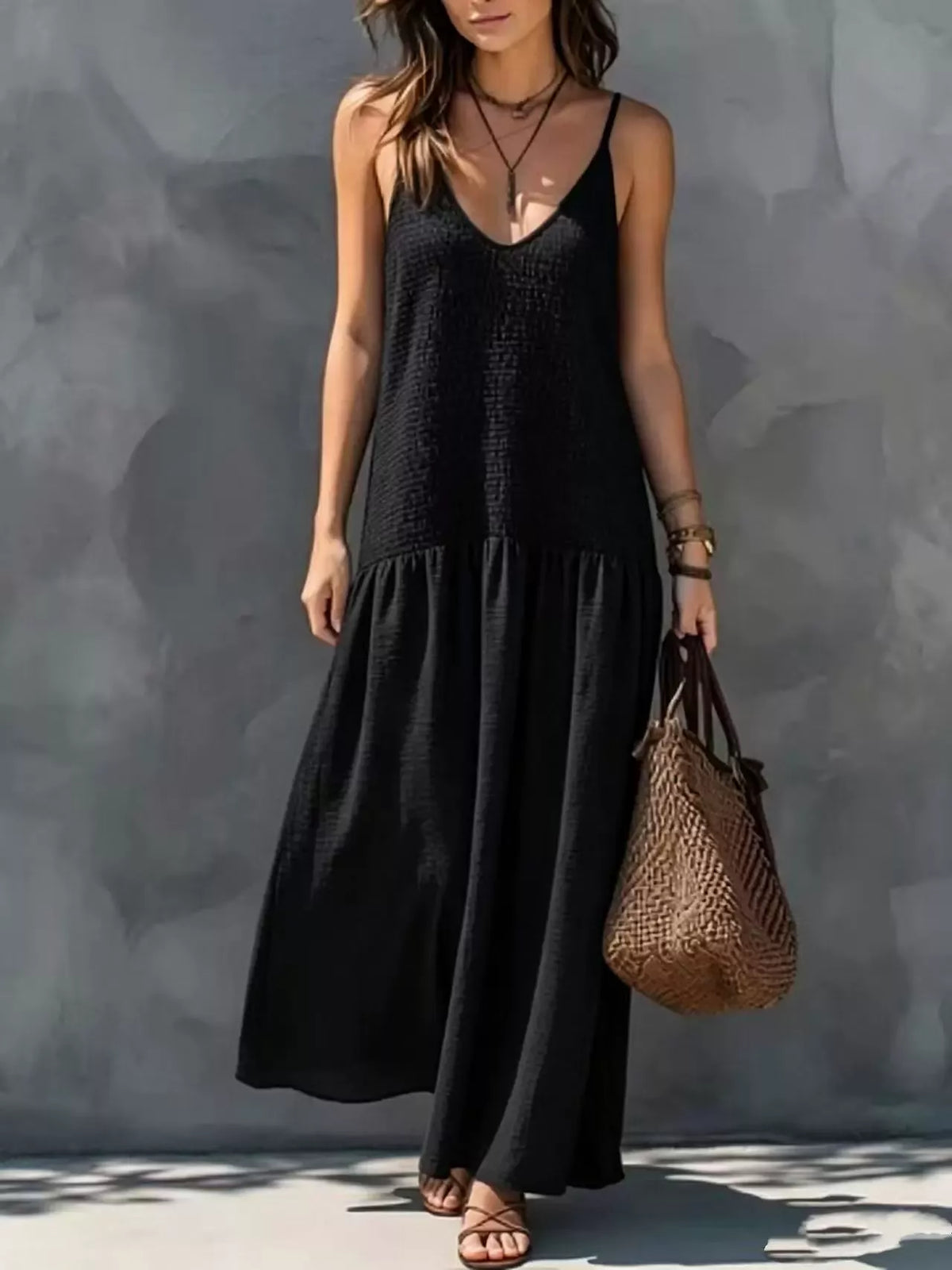 Sleeveless Smocked V-Neck Casual Maxi Dress - Lilixa.store