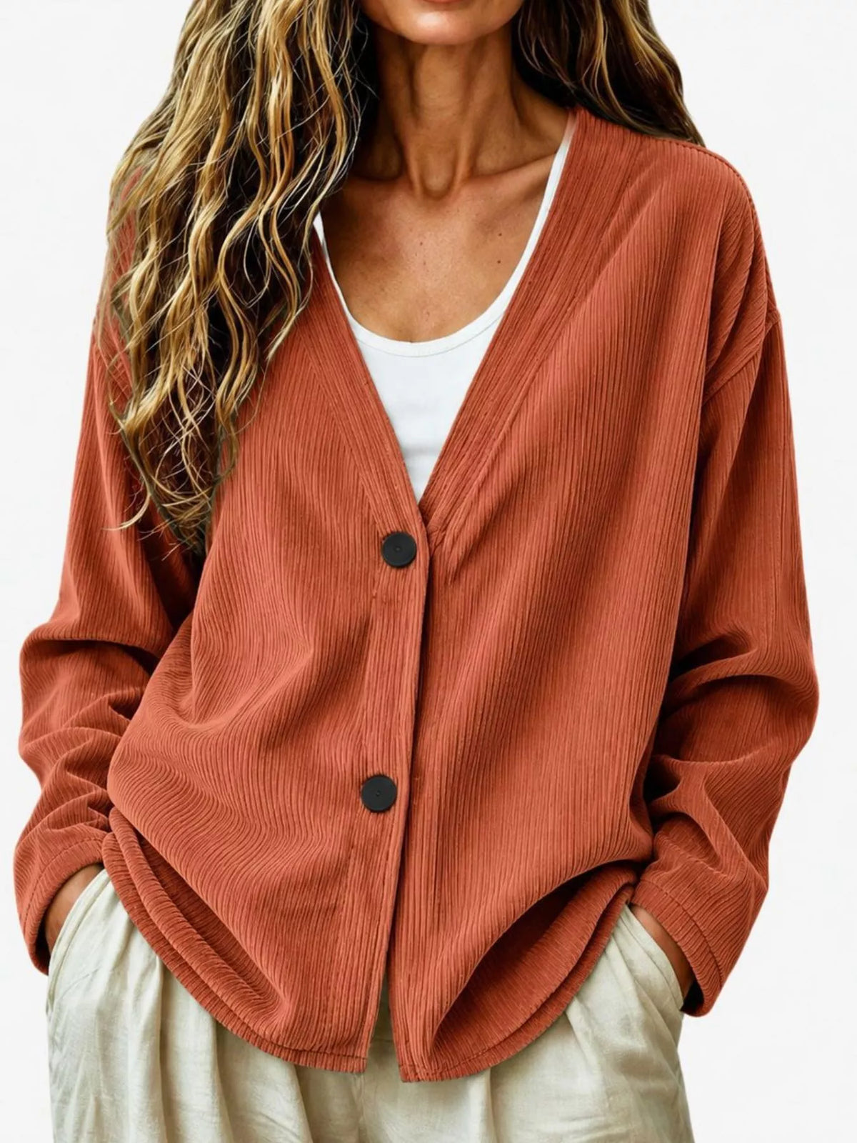 Casual Corduroy Button-Up Cardigan in Terracotta