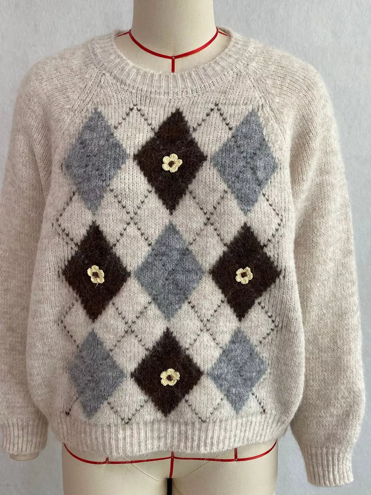 Argyle Pattern Raglan Sleeve Sweater, view 3