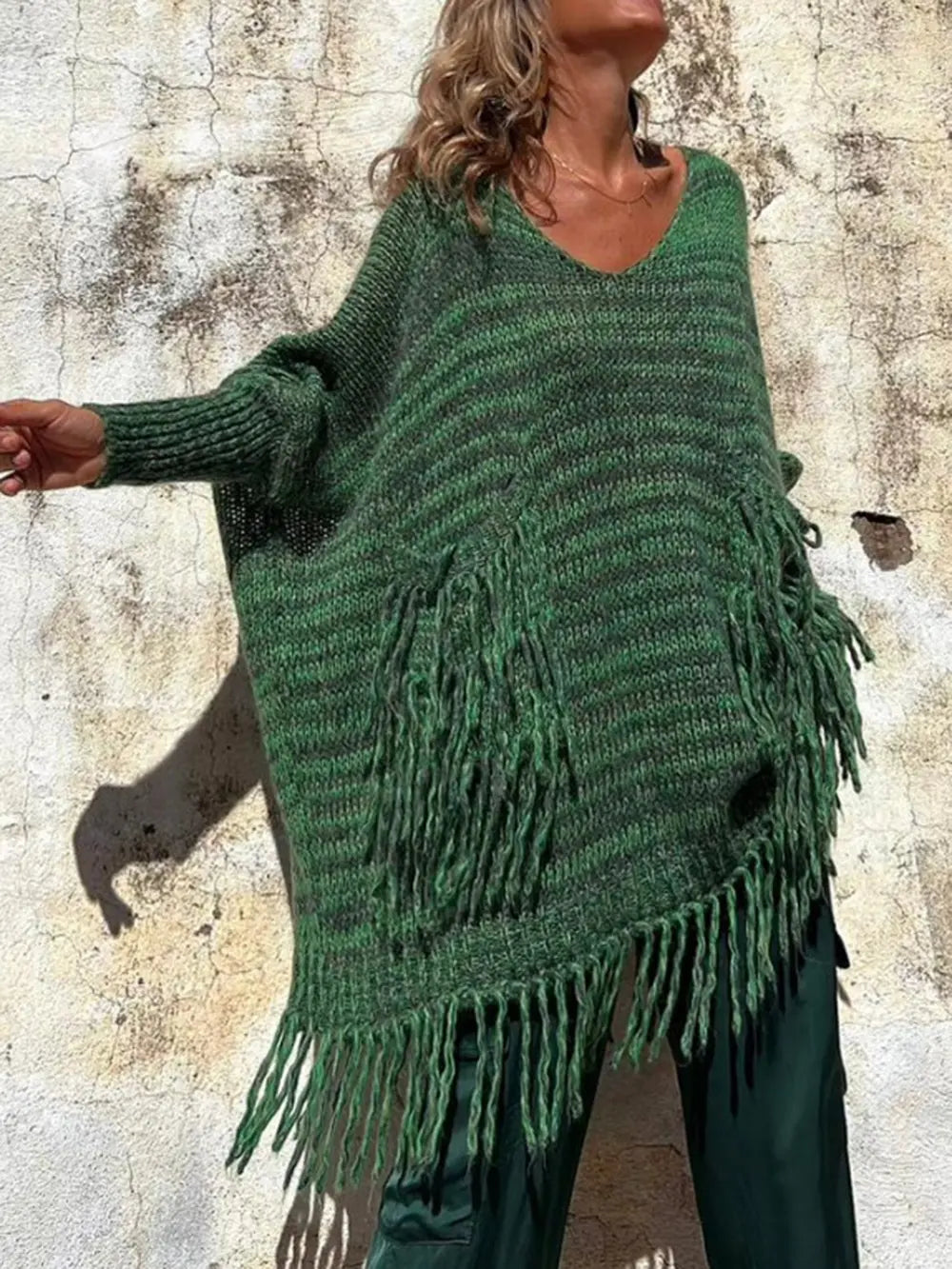 Fringe Detail Long Sleeve Sweater with Pockets in Dark Green