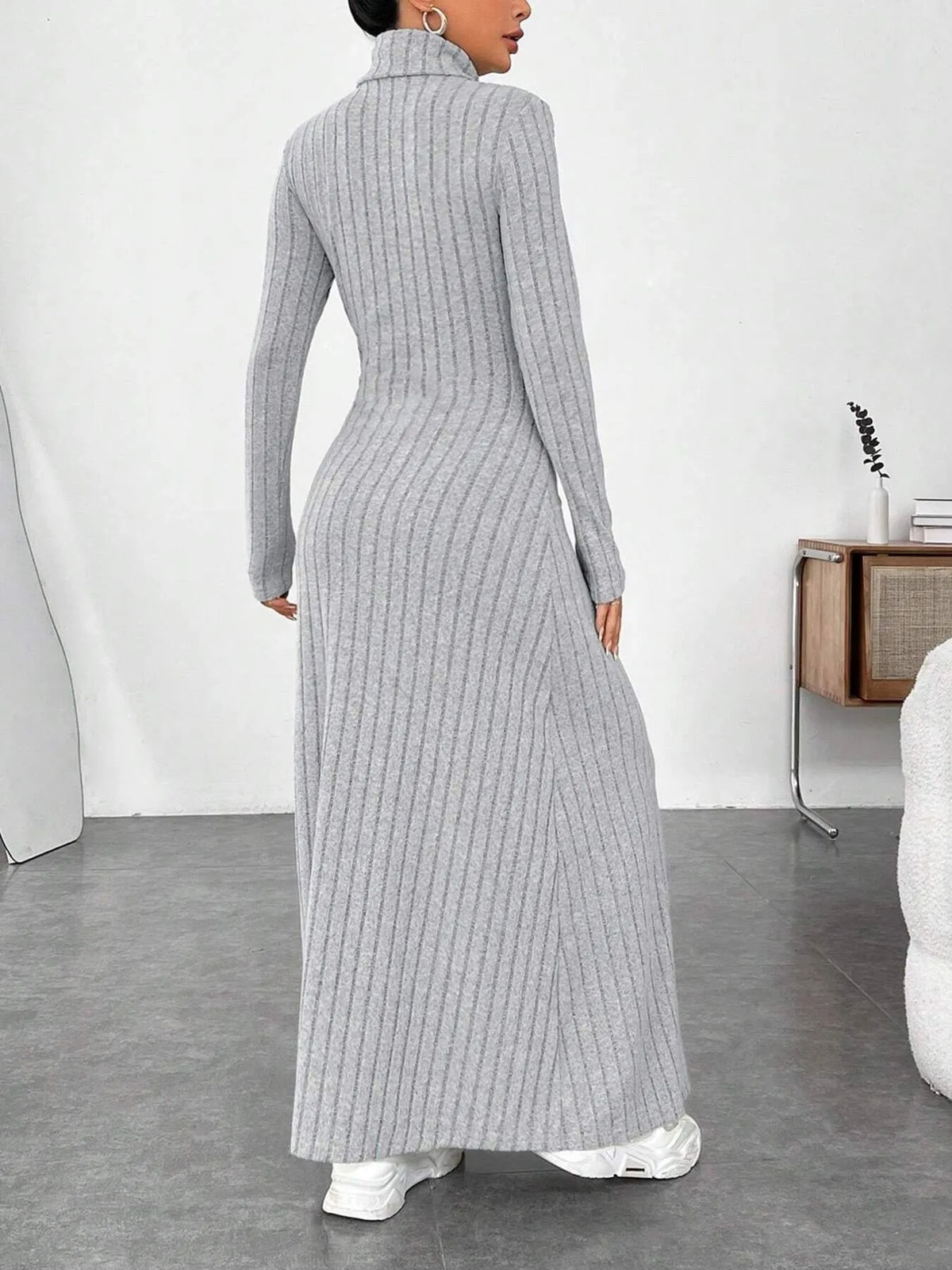 Ribbed Turtleneck Long Sleeve Maxi Knit Dress in Gray, view 2