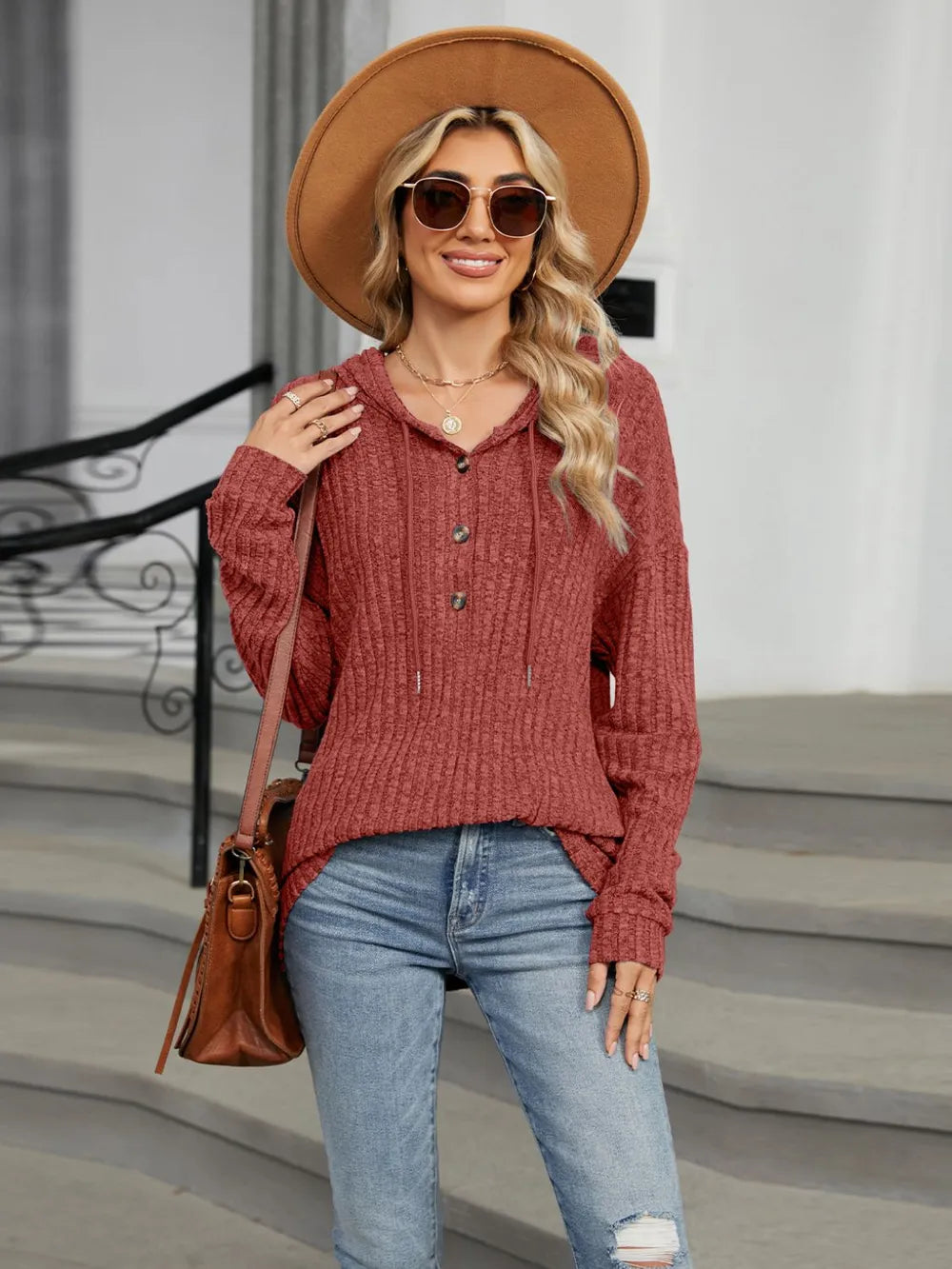 Half Button Long Sleeve Hooded Top - Lilixa.store