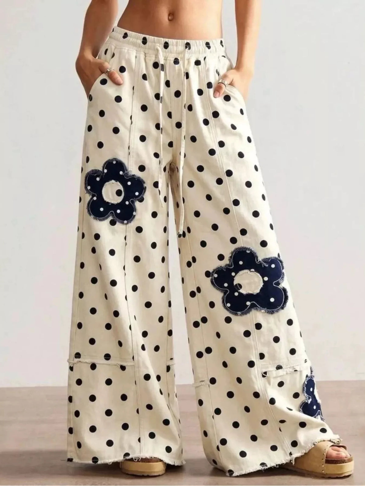 Floral Applique Polka Dot Wide-Leg Jeans - Lilixa.store