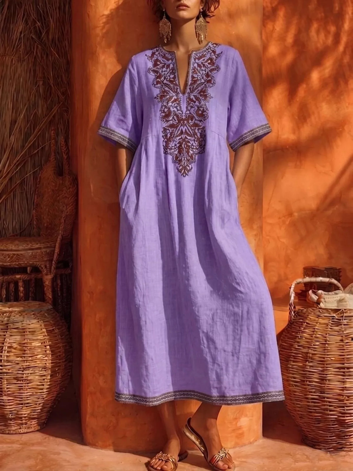 Printed Notched Half Sleeve Midi Dress