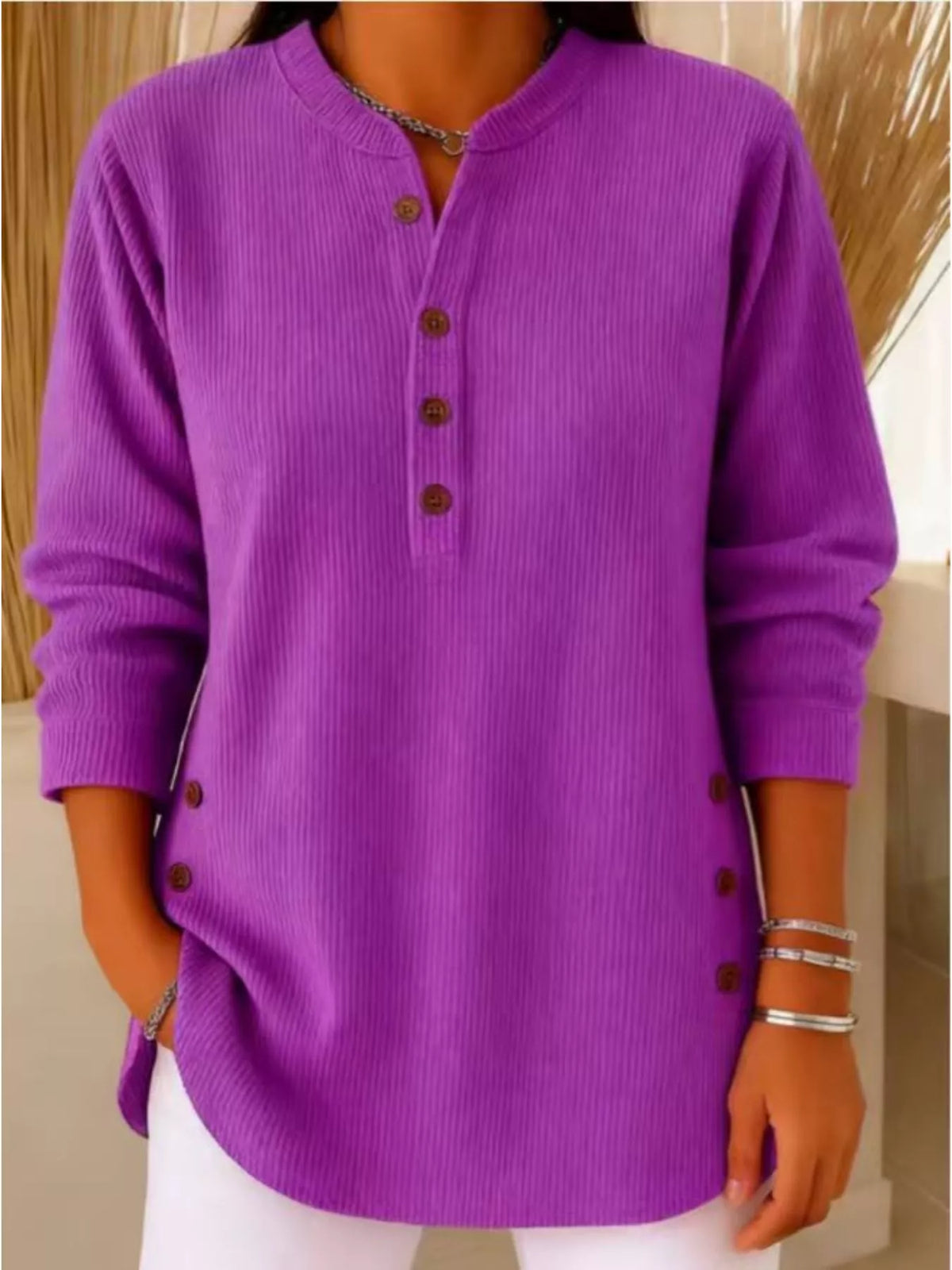 Full Size Button Detail Corduroy Top Plus Size
