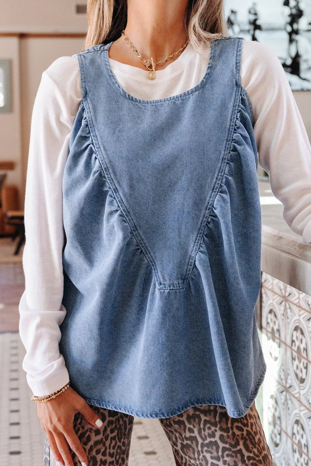 Denim Pleated Patchwork Sleeveless Top - Lilixa.store
