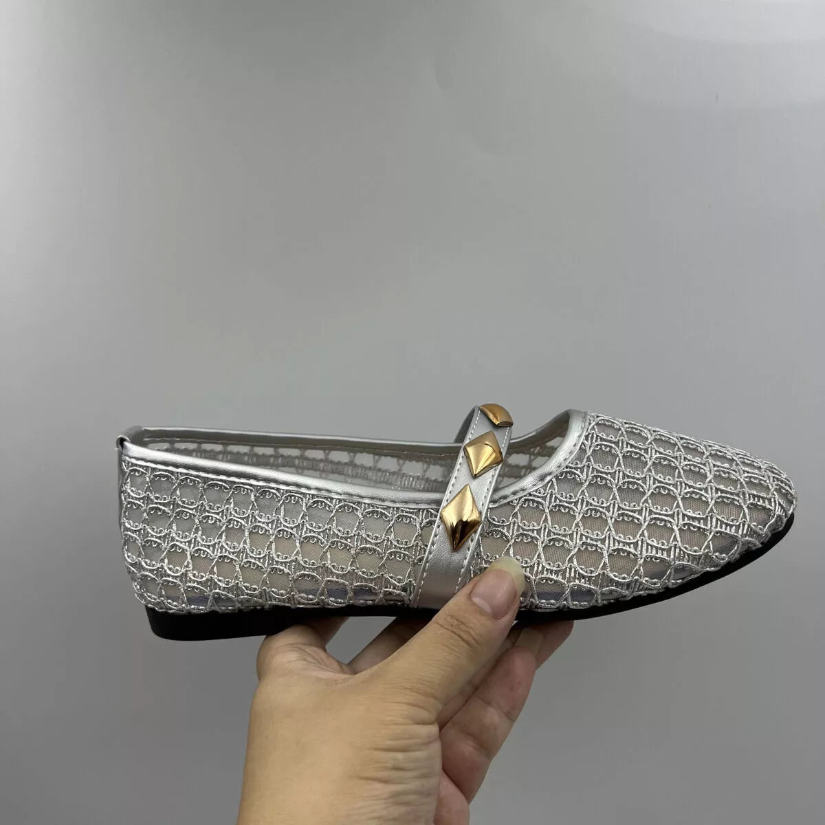 Breathable Mesh Loafers with Decorative Gold Studded Straps, view 4