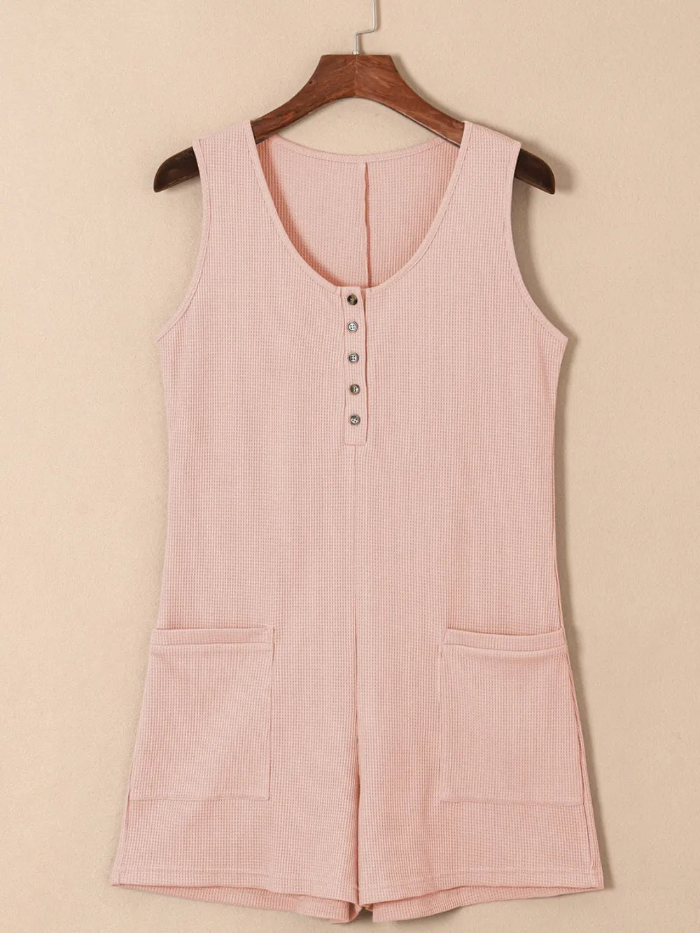 Waffle-Knit Half Button Sleeveless Romper with Pockets - Lilixa.store