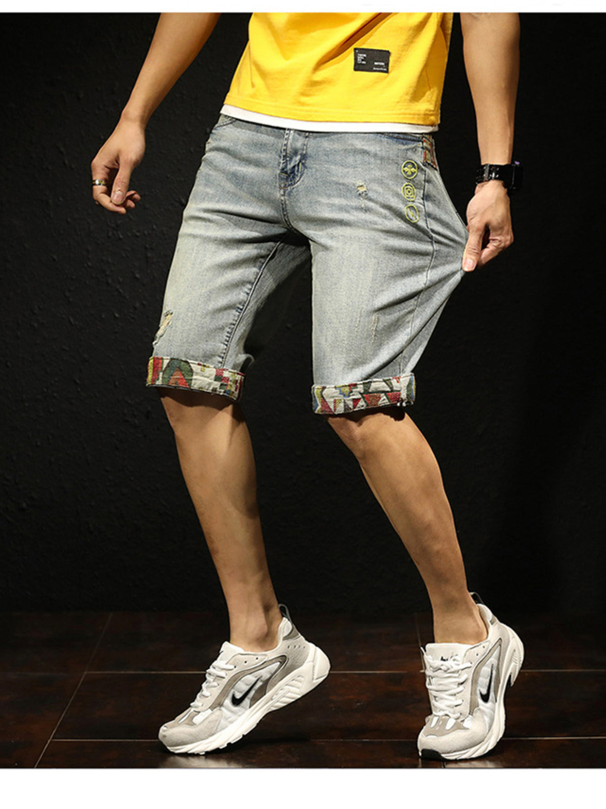 Men's Wash Denim Shorts with Rolled Cuffs - Lilixa.store