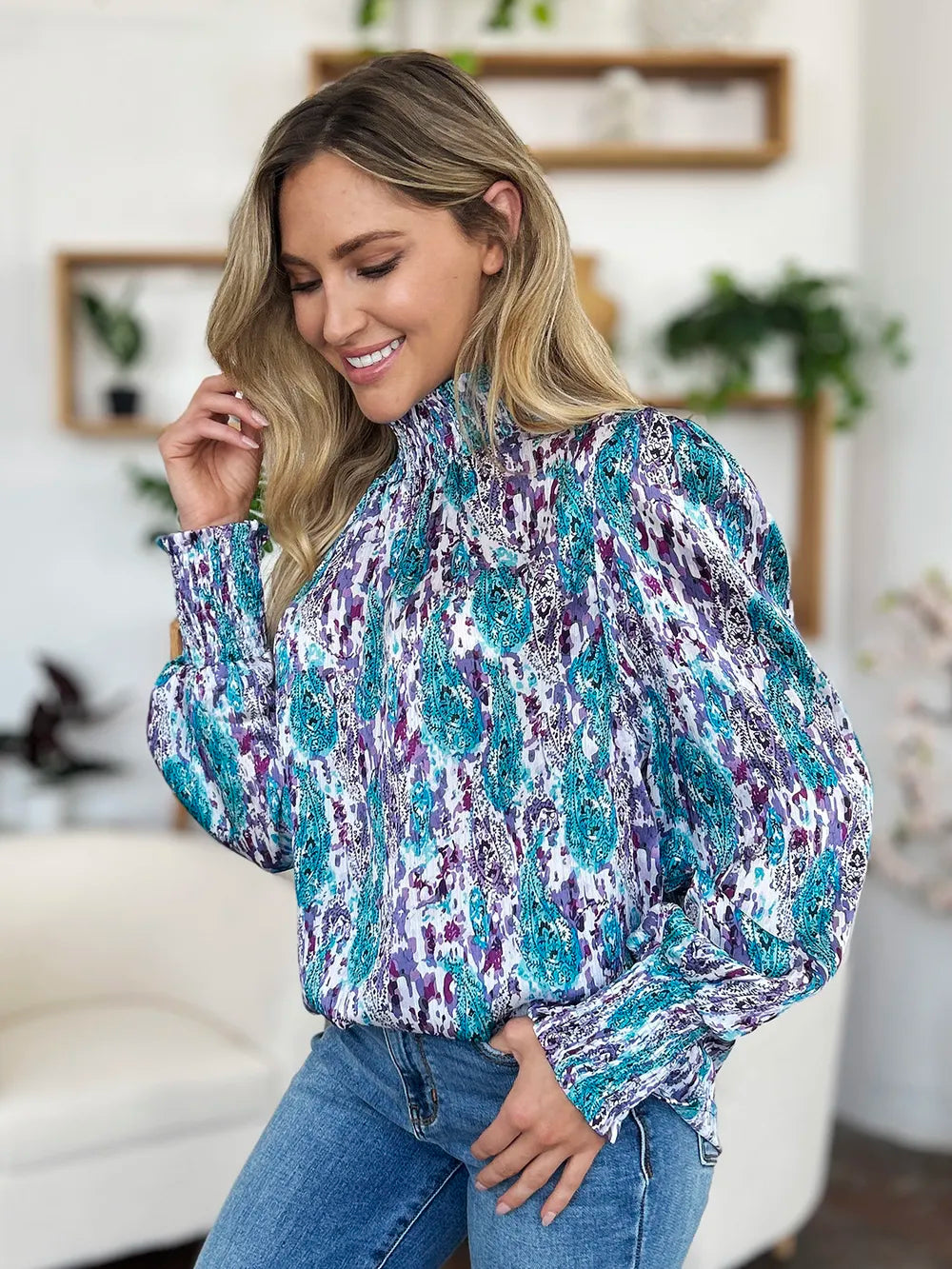 Double Take Full Size Printed Smocked Long Sleeve Blouse - Lilixa.store