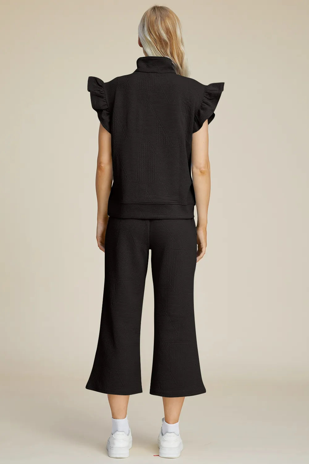 Double Take Full Size Texture Ruffle Short Sleeve Top and Wide Leg Pants Set, view 30