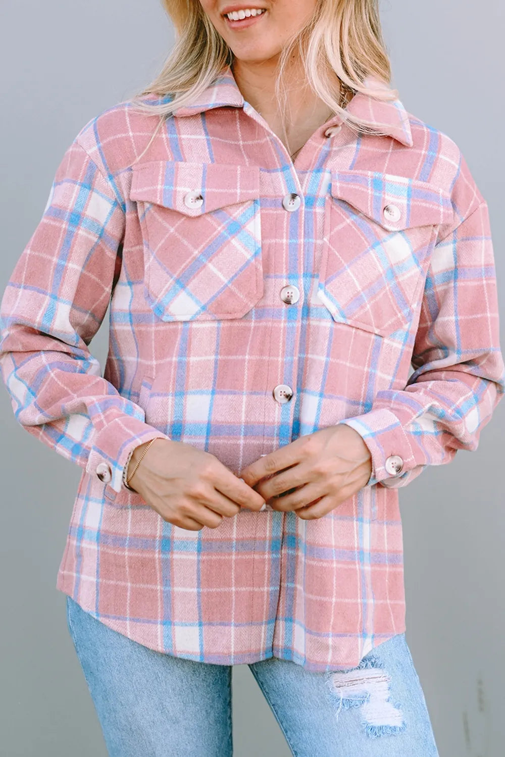 Plaid Pocketed Collared Neck Button Up Jacket in Blush Pink