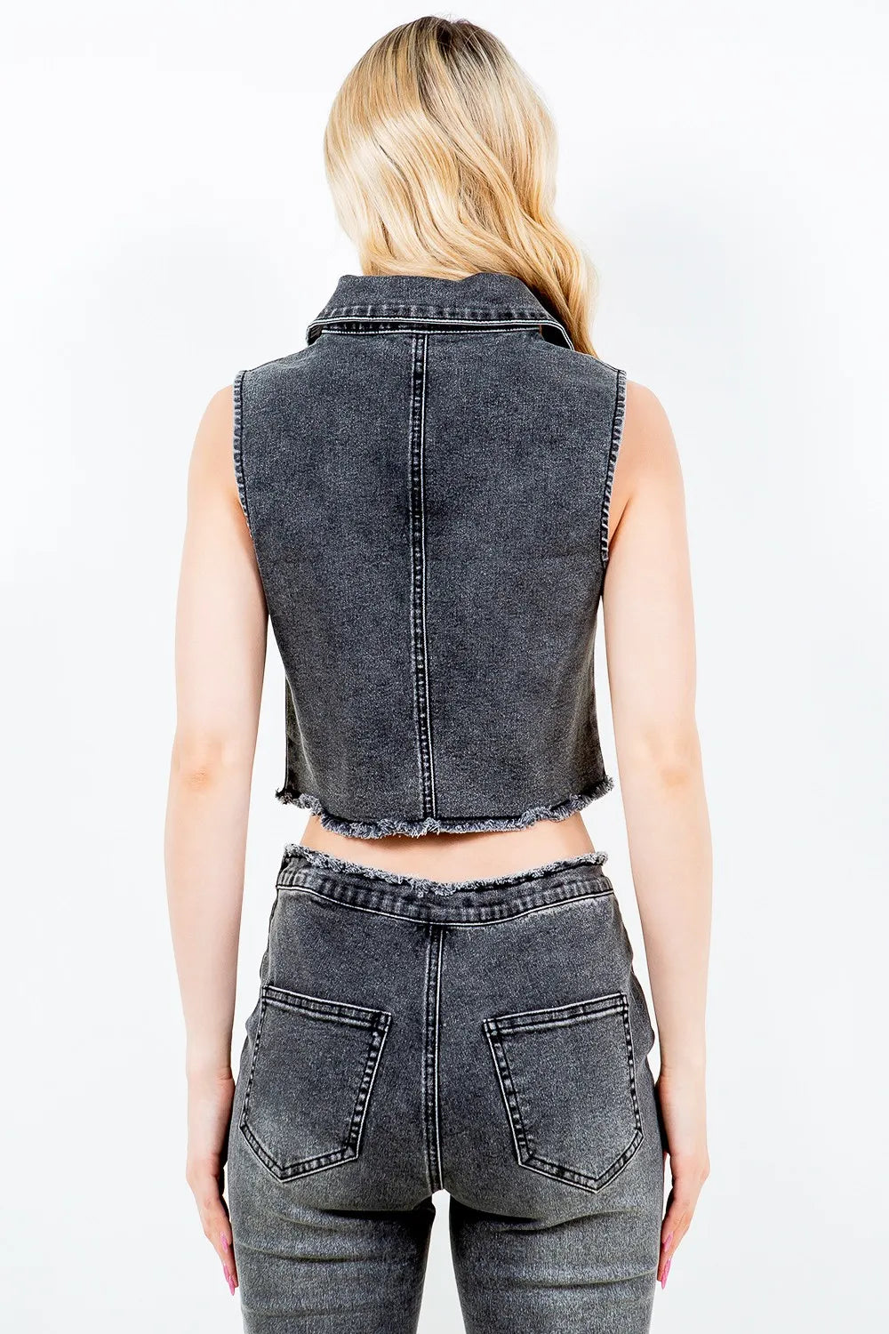 American Bazi Zip Up Washed Crop Denim Vest - Lilixa.store