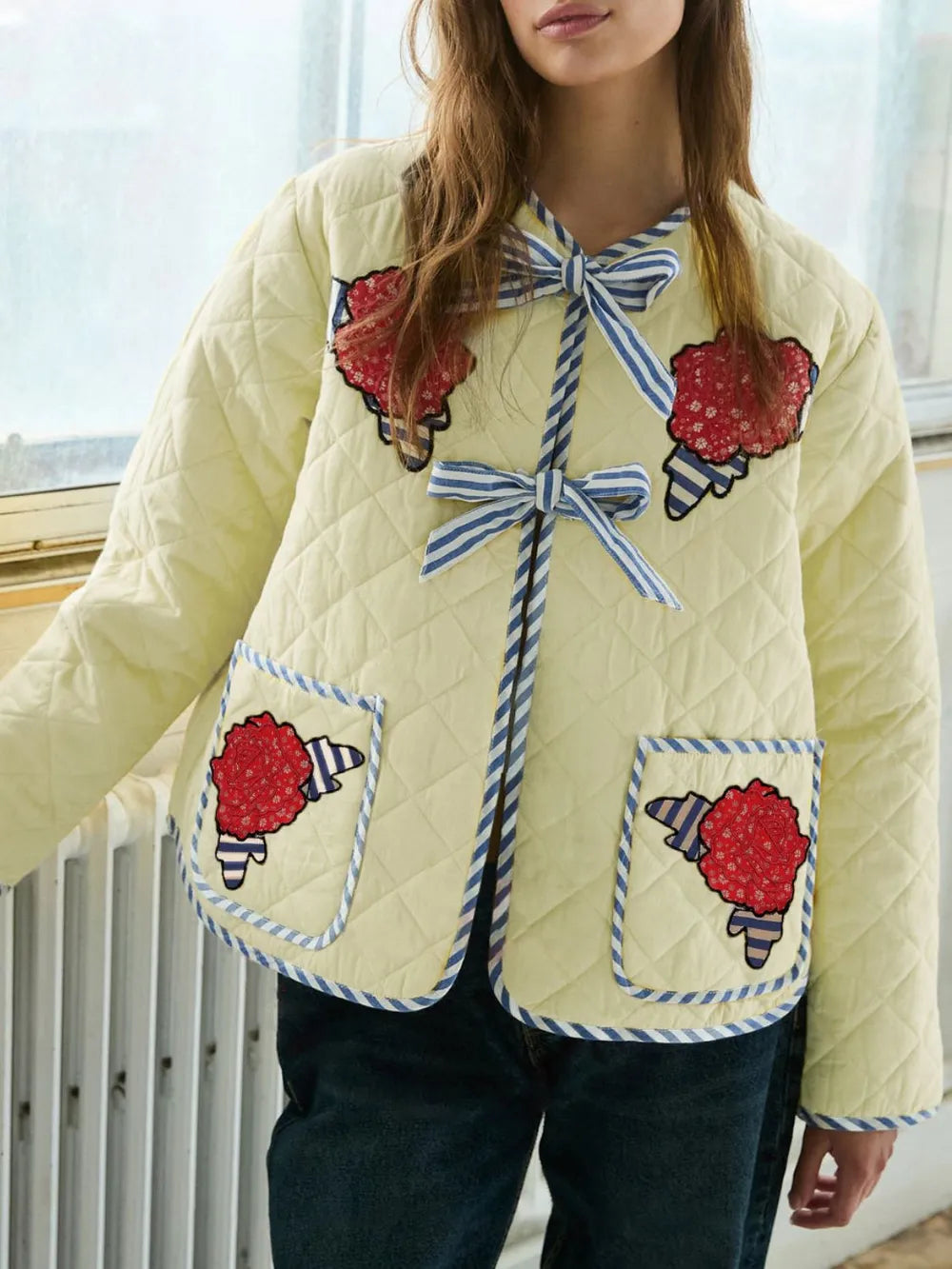 Embroidered Flower Tied Long Sleeve Winter Coat - Lilixa.store