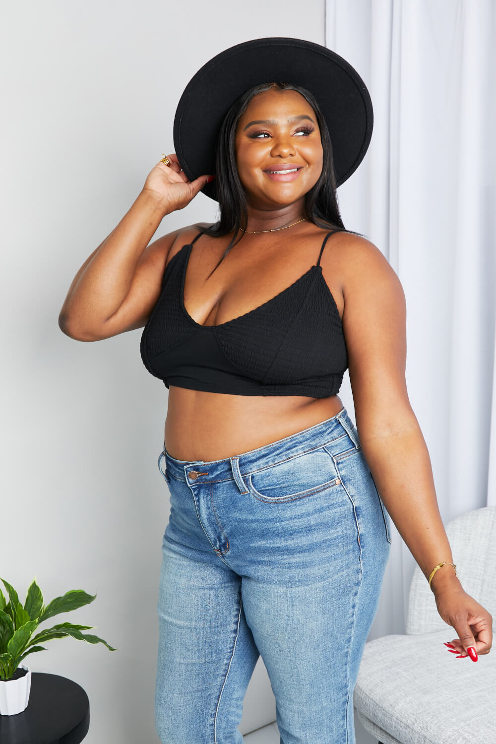 Zenana Full Size Textured Spaghetti Strap Bralette in Black Plus Size - Lilixa.store