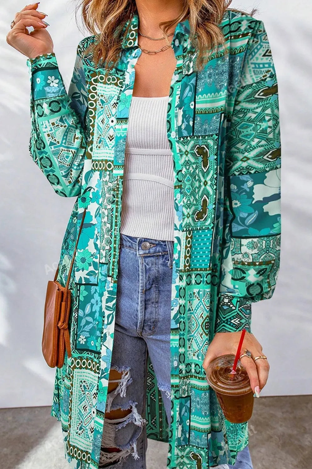 Printed Button Up Long Sleeve Cardigan in Turquoise
