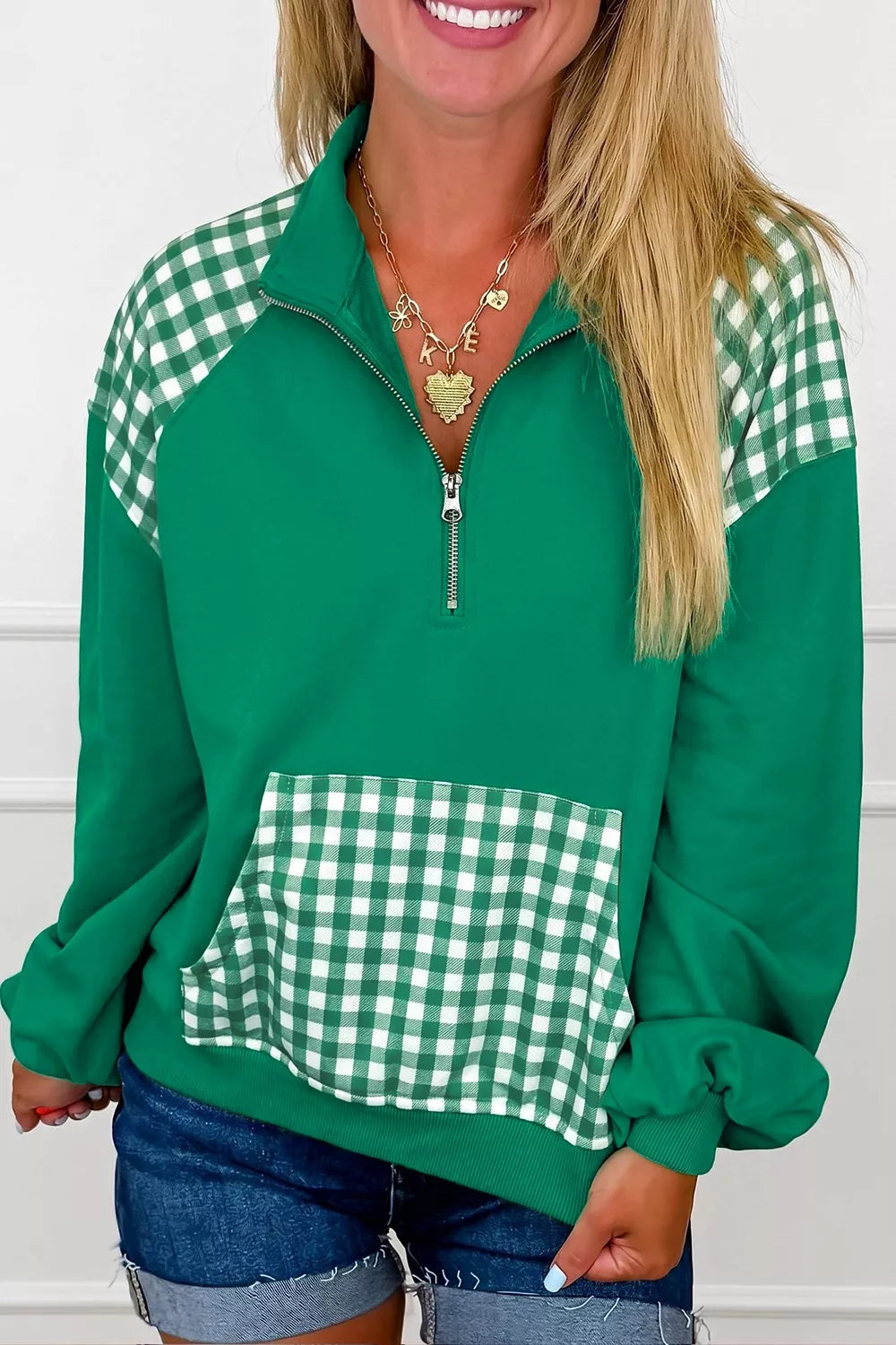 Plaid Kangaroo Pocket Quarter-Zip Sweatshirt - Lilixa.store