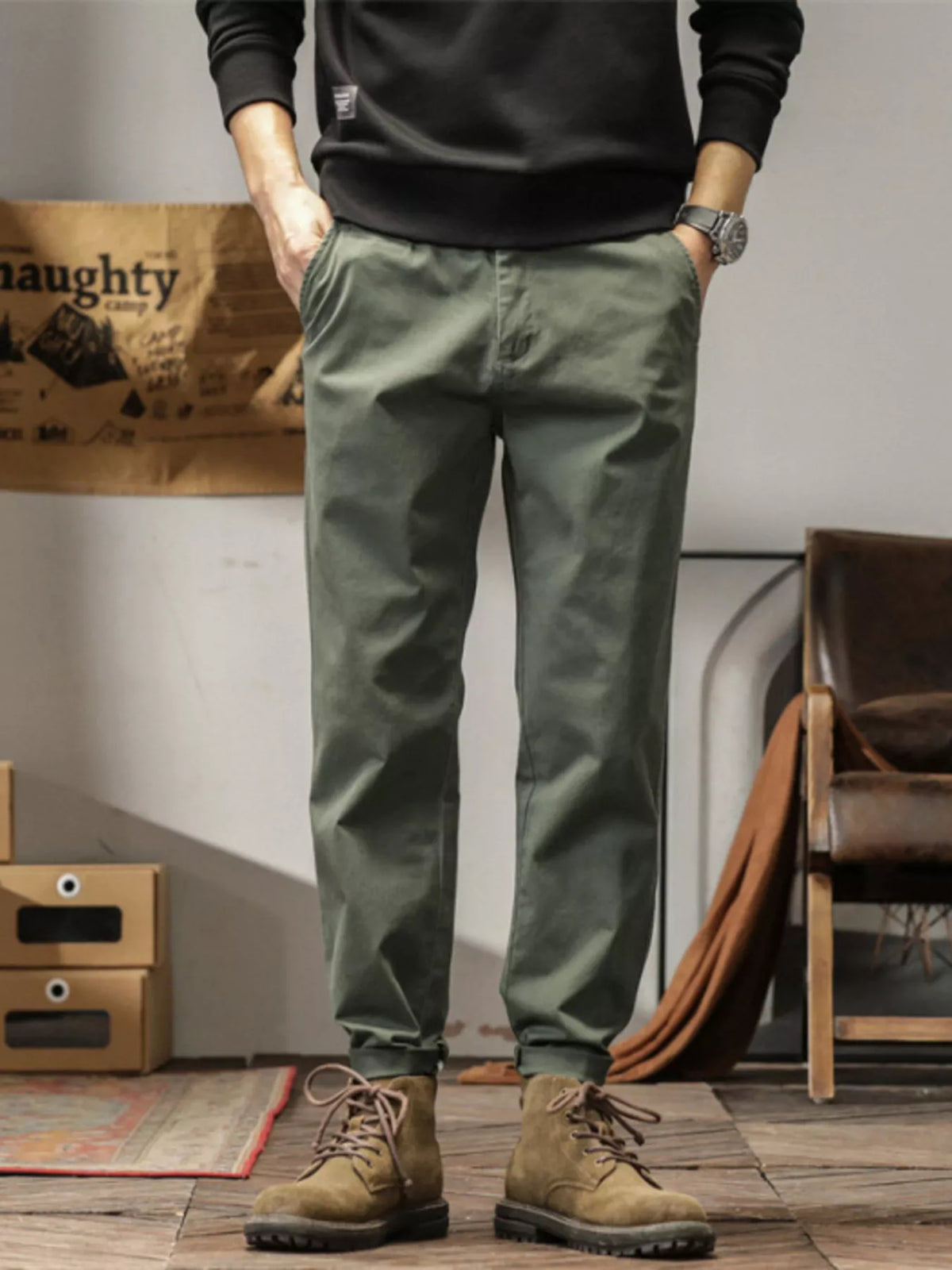 Men's Plus Size Casual Style Slim Fit Ankle Banded Pants in Military Green