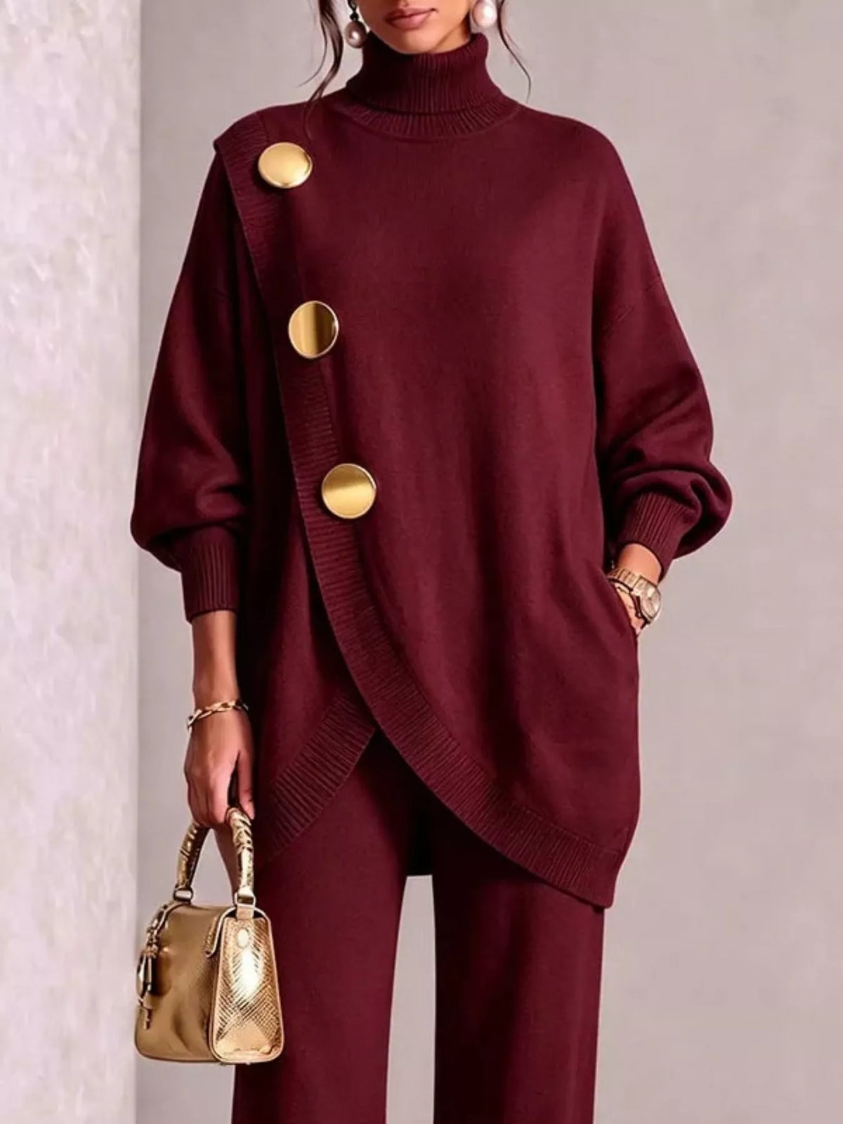 Gold Button Accent Turtleneck Sweater and Pants Set