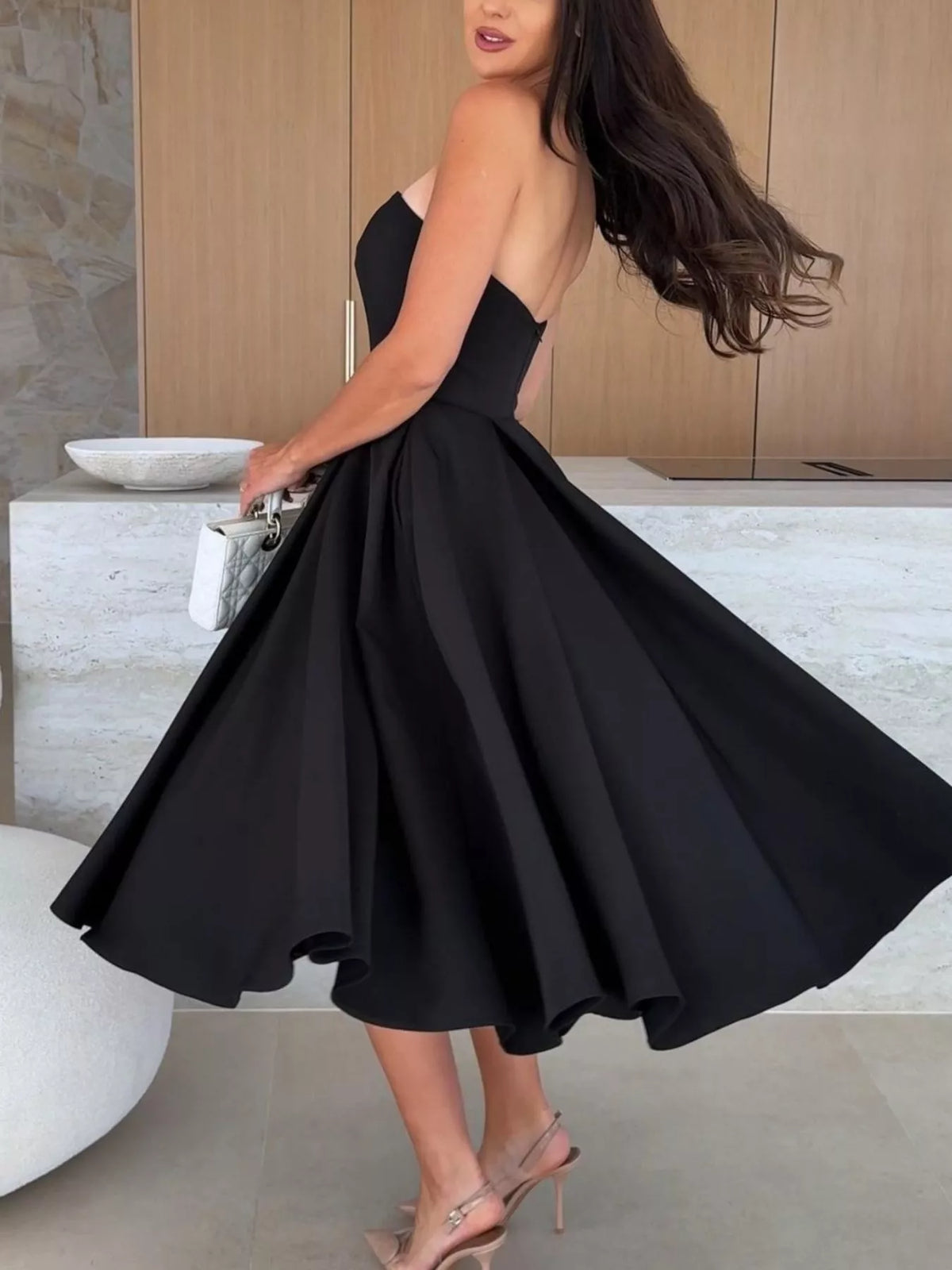 Strapless Ruched A-Line Midi Dress, view 6