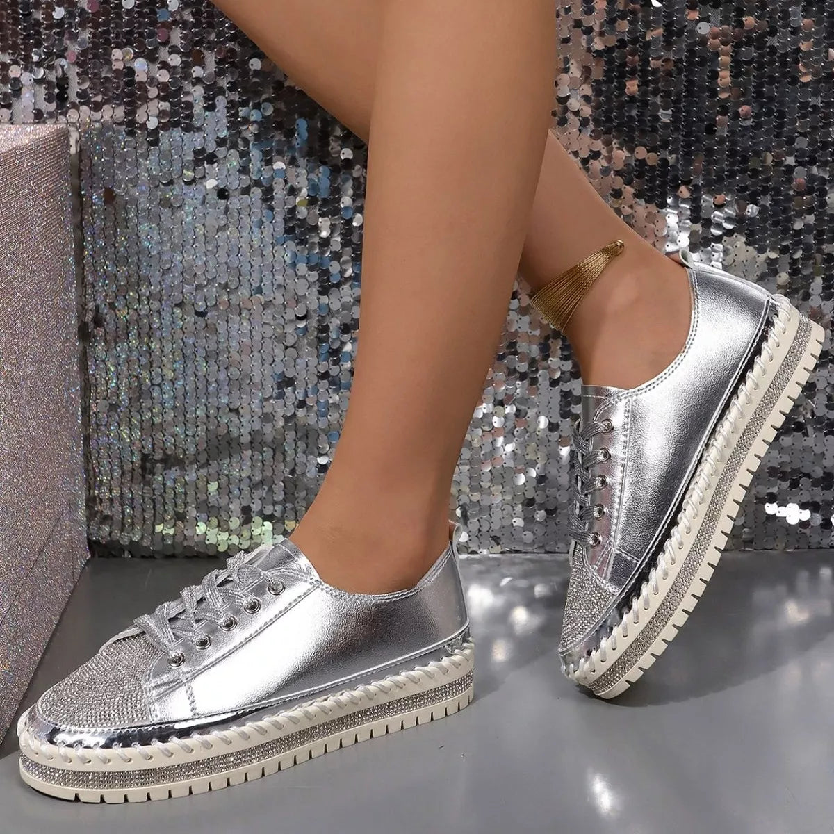 Rhinestone Round Toe Sneakers - Lilixa.store