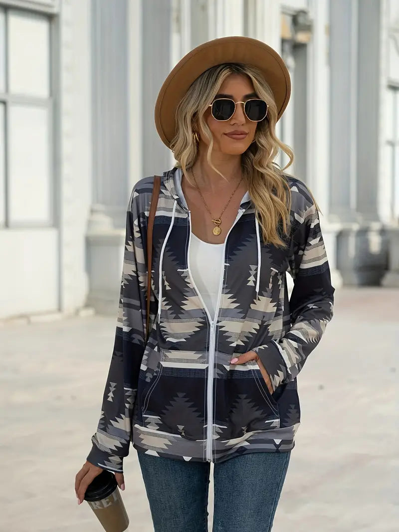 Geometric Zip Up Long Sleeve Hooded Jacket, view 6