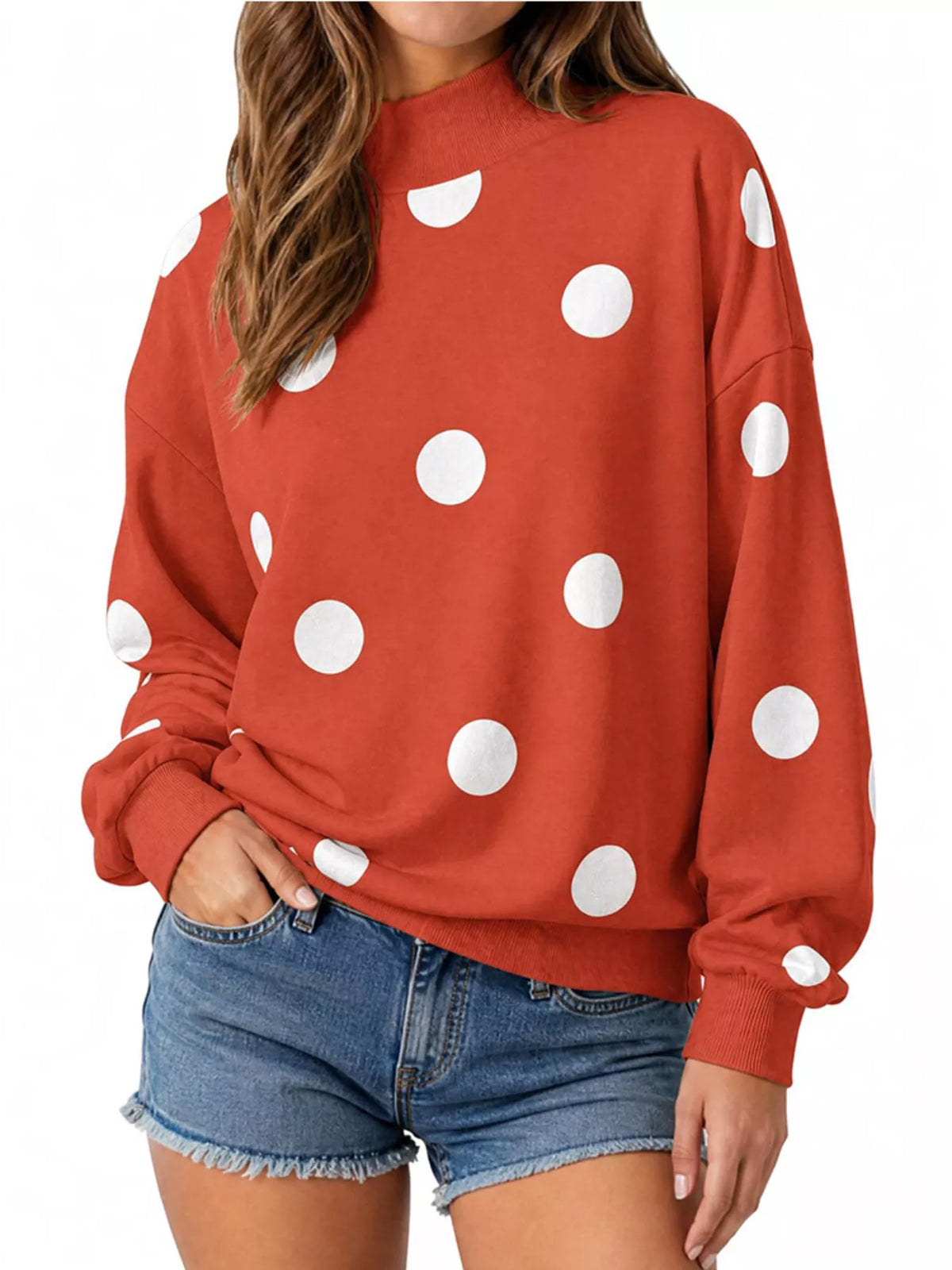Mock Neck Polka Dot Print Oversized Sweatshirt - Lilixa.store
