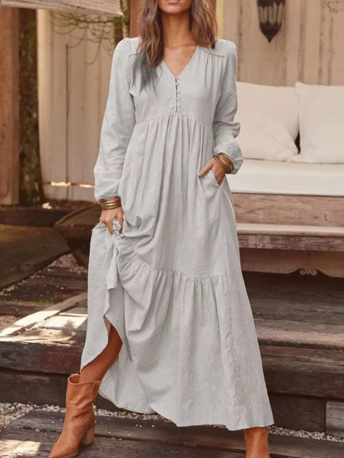 Full Size V-Neck Long Sleeve Tiered Maxi Dress with Pockets Plus Size - Lilixa.store
