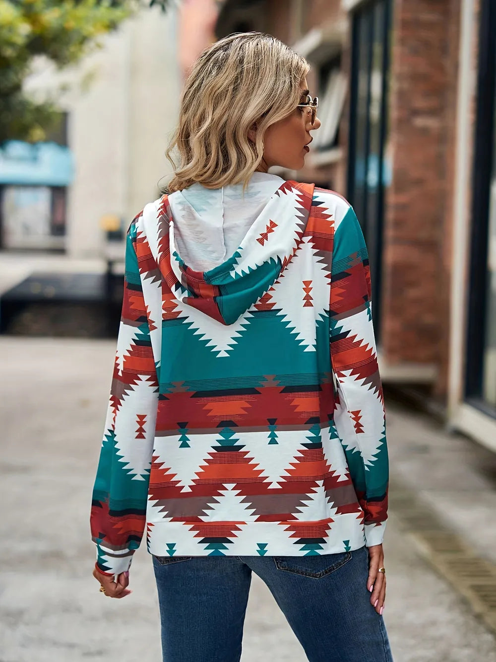 Geometric Zip Up Long Sleeve Hooded Jacket, view 3