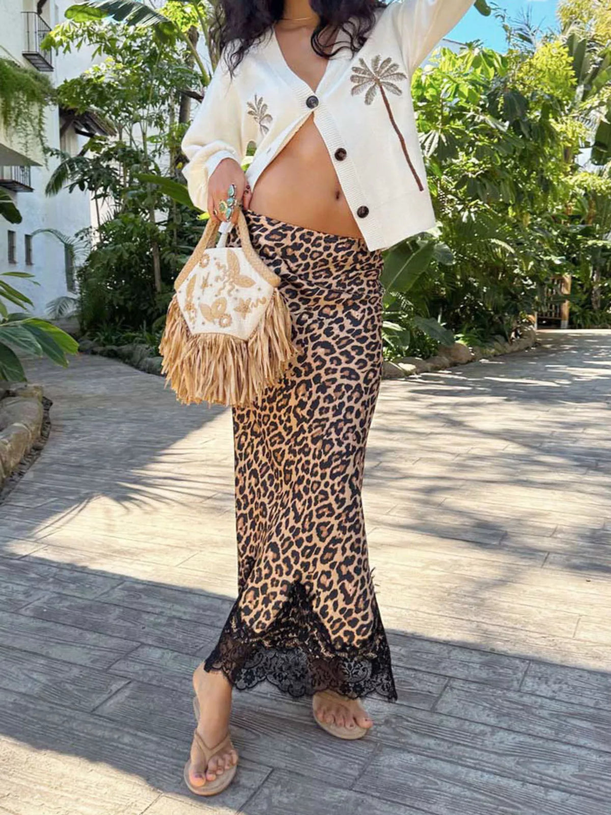 Lace Trim Leopard Maxi Skirt
