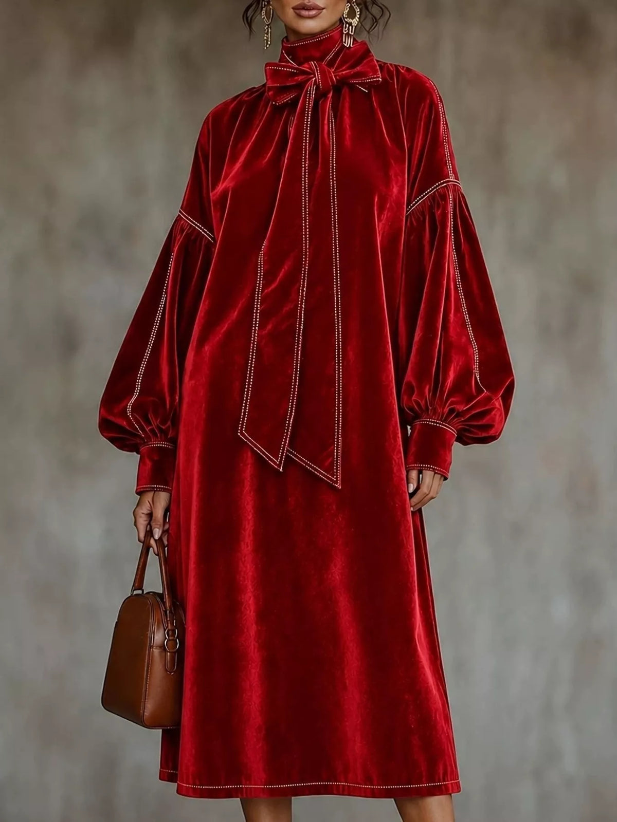 Full Size Velvet Tie-Neck Lantern Sleeve Midi Dress Plus Size