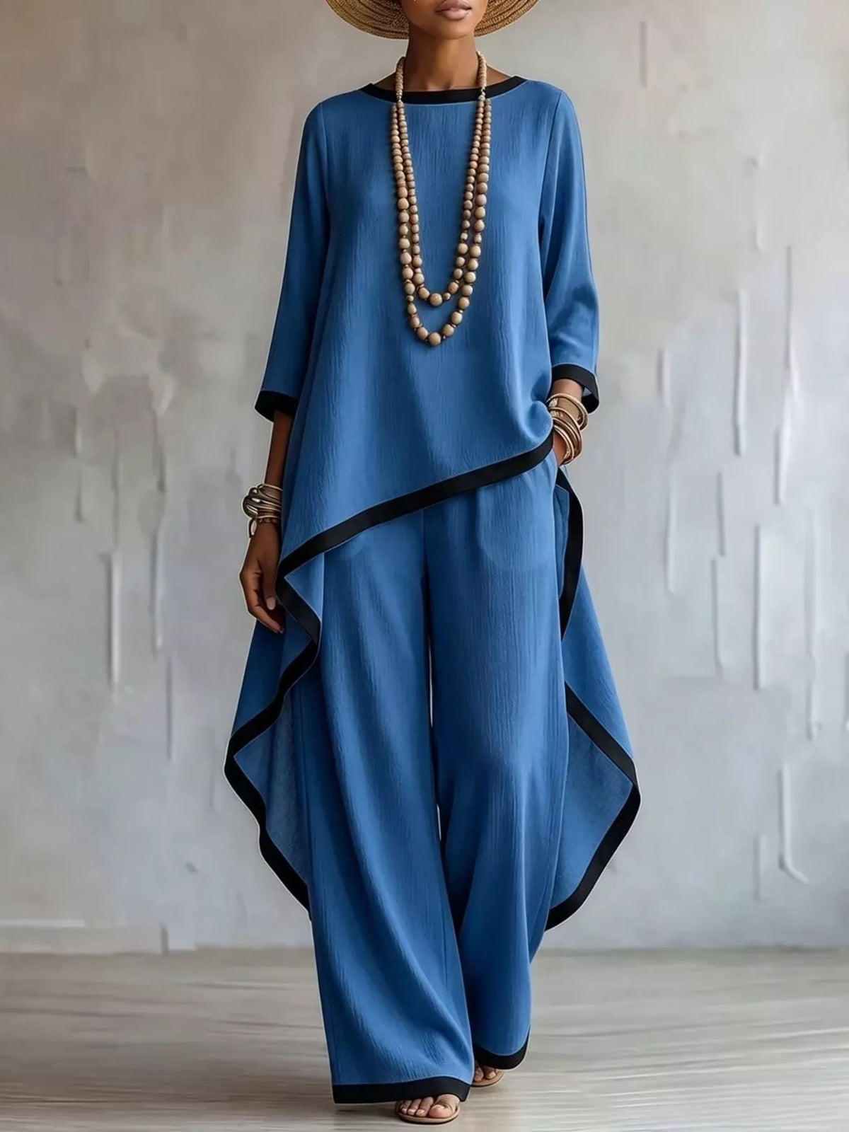 Full Size Contrast Trim High-Low Top and Pants Set Plus Size in Blue
