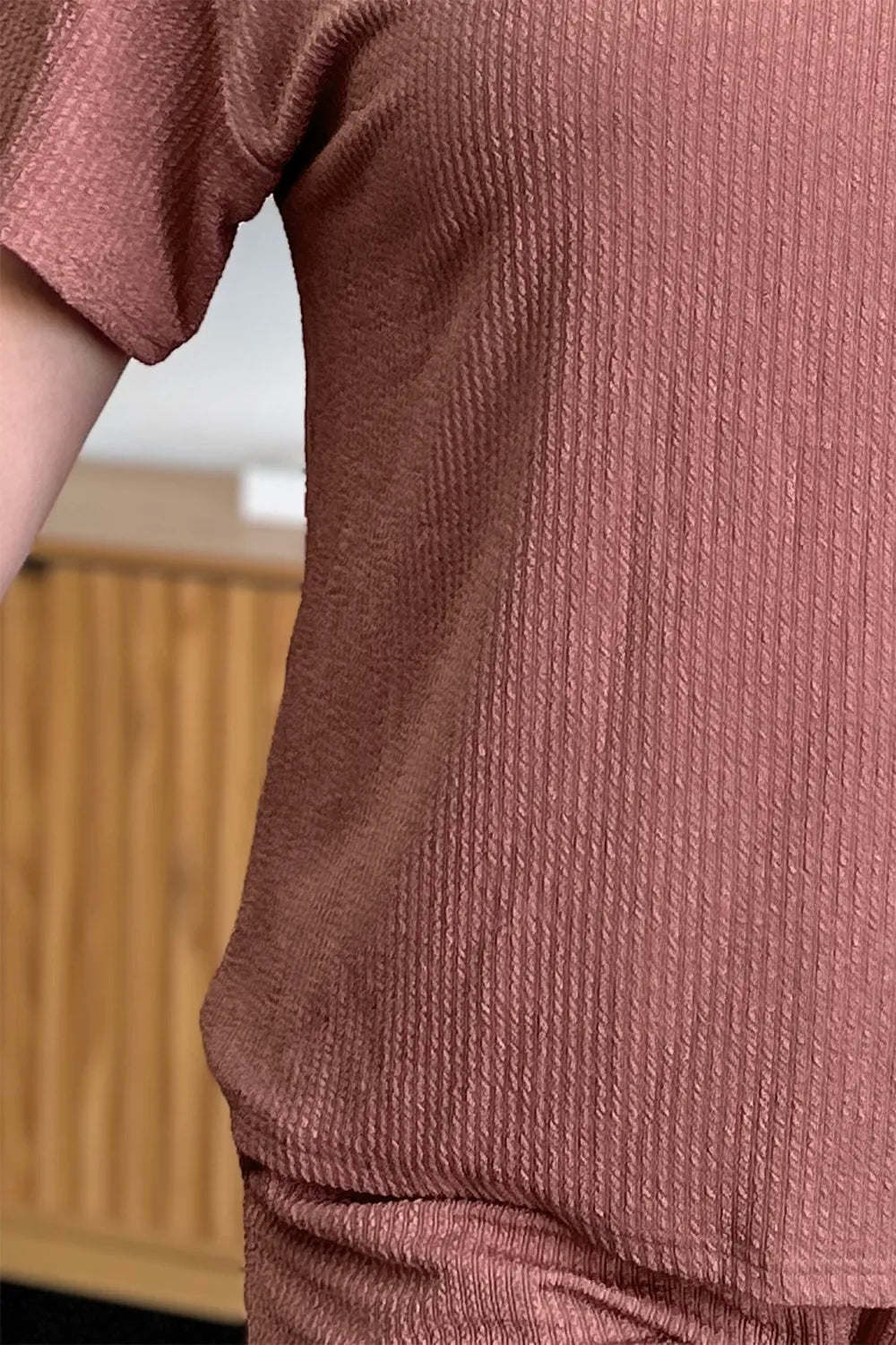 Double Take Full Size Round Neck Short Sleeve T-Shirt and Shorts Set in Light Mauve, view 9