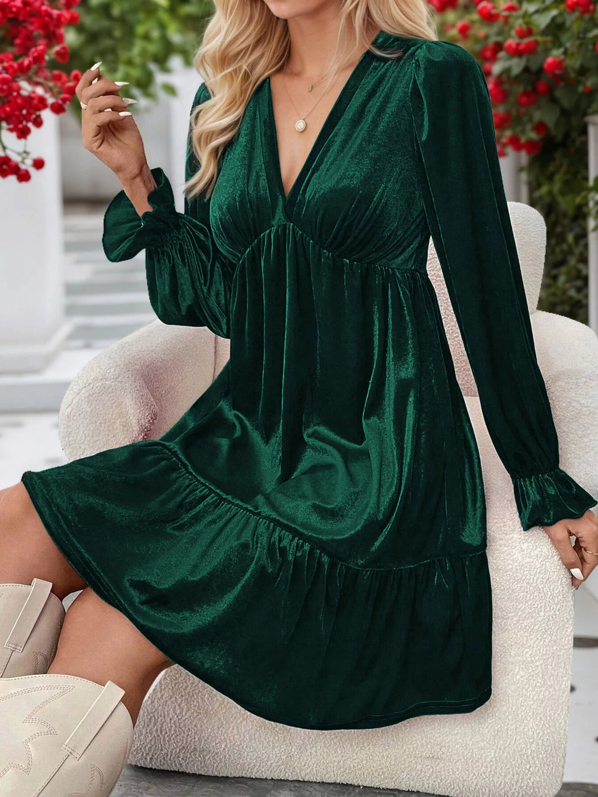 Velvet V-Neck Long Sleeve Ruffle Hem Mini Dress - Lilixa.store