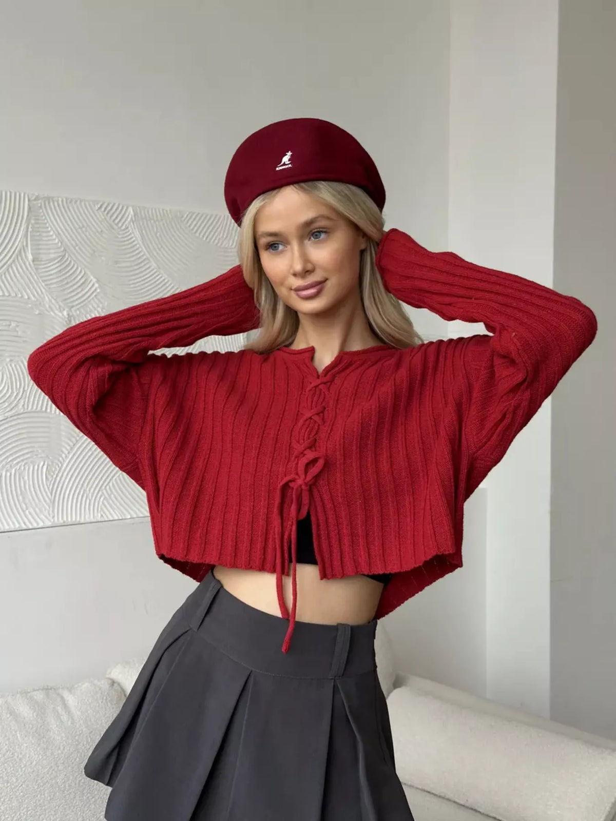 Ribbed Lace-Up Crop Sweater in Red