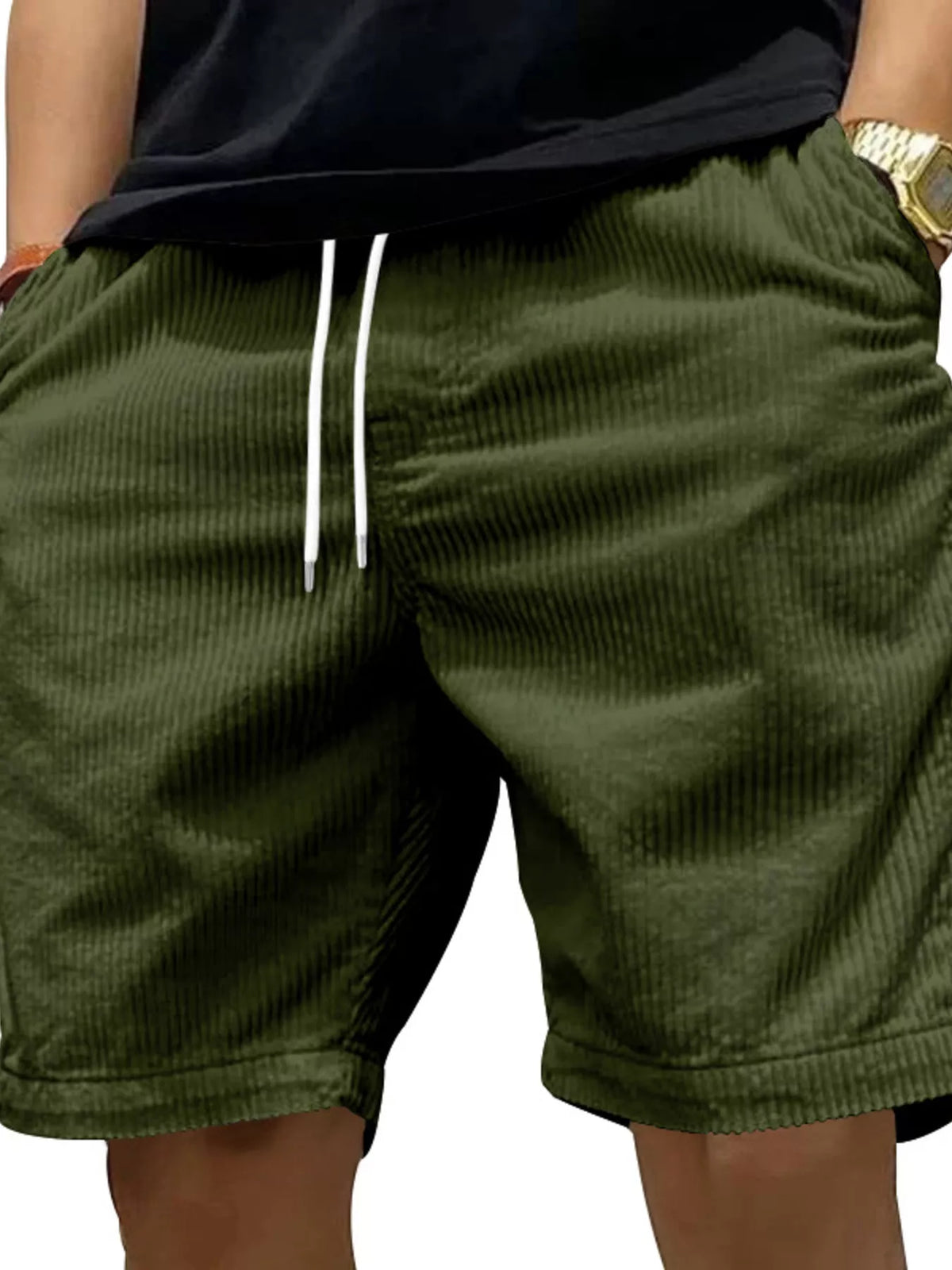 Men's Full Size Casual Corduroy Drawstring Shorts Plus Size in Army Green