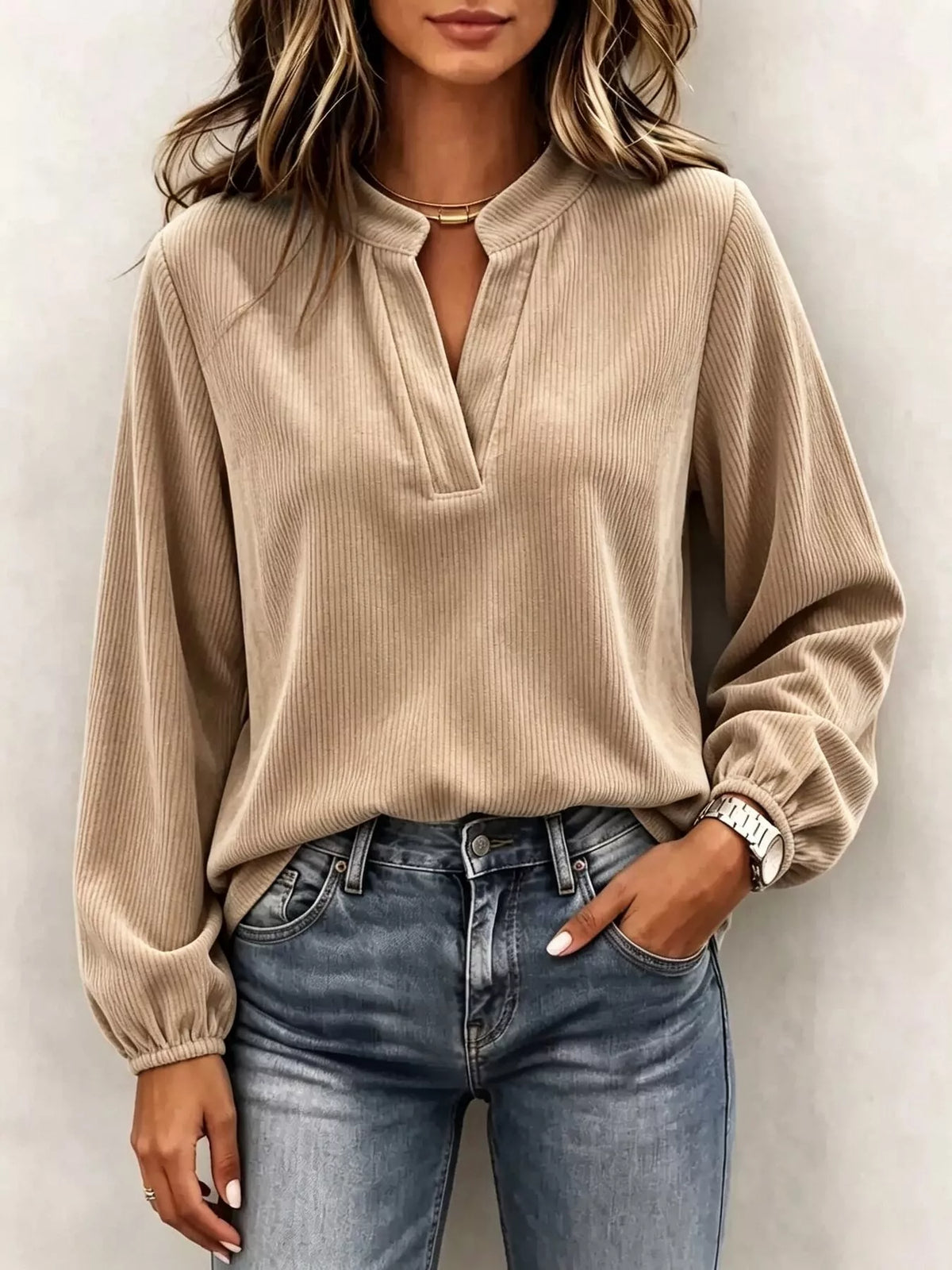 Full Size Corduroy Notched Long Sleeve Top Plus Size