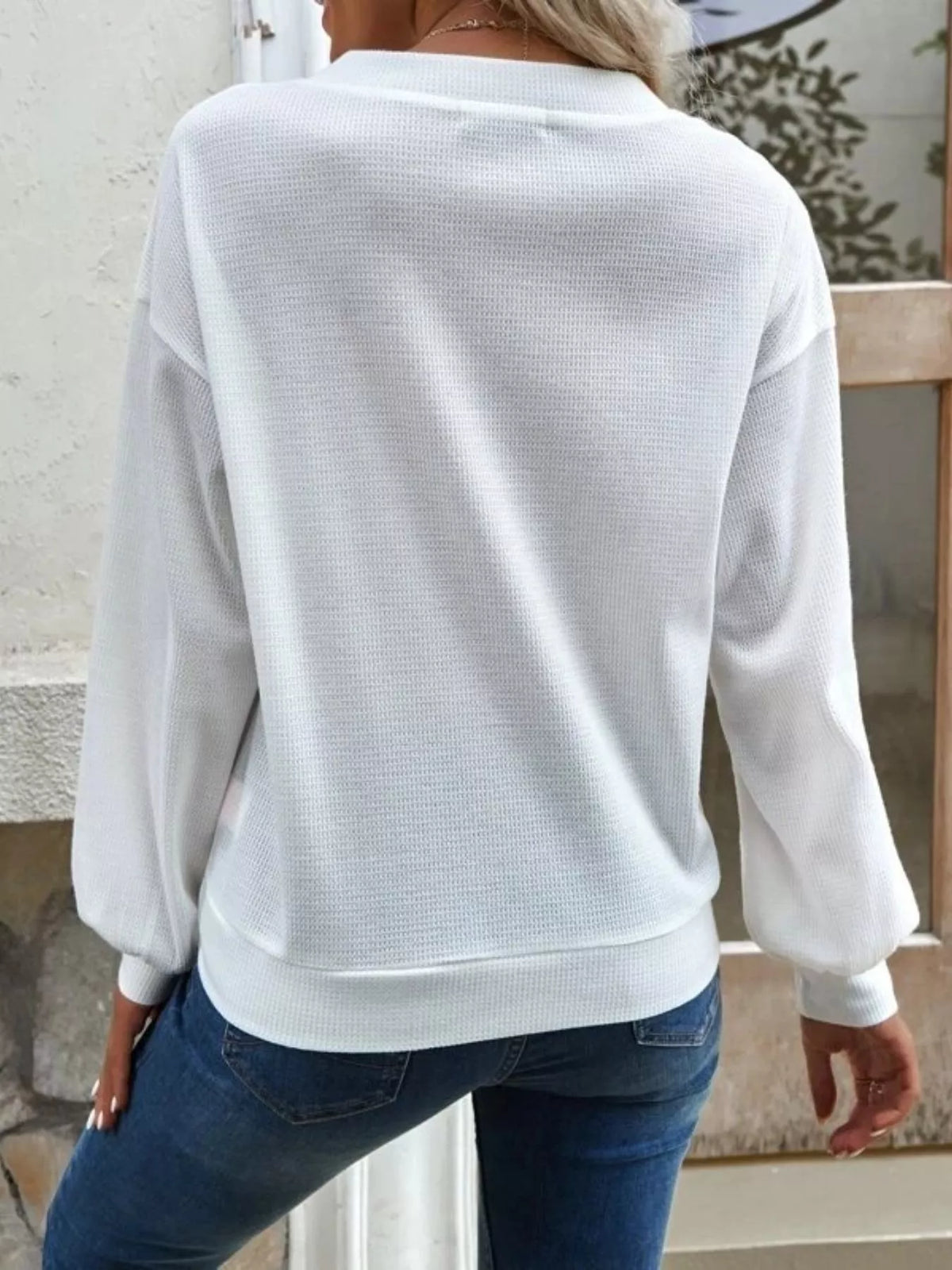Casual V-Neck Waffle Long Sleeve Top, view 3