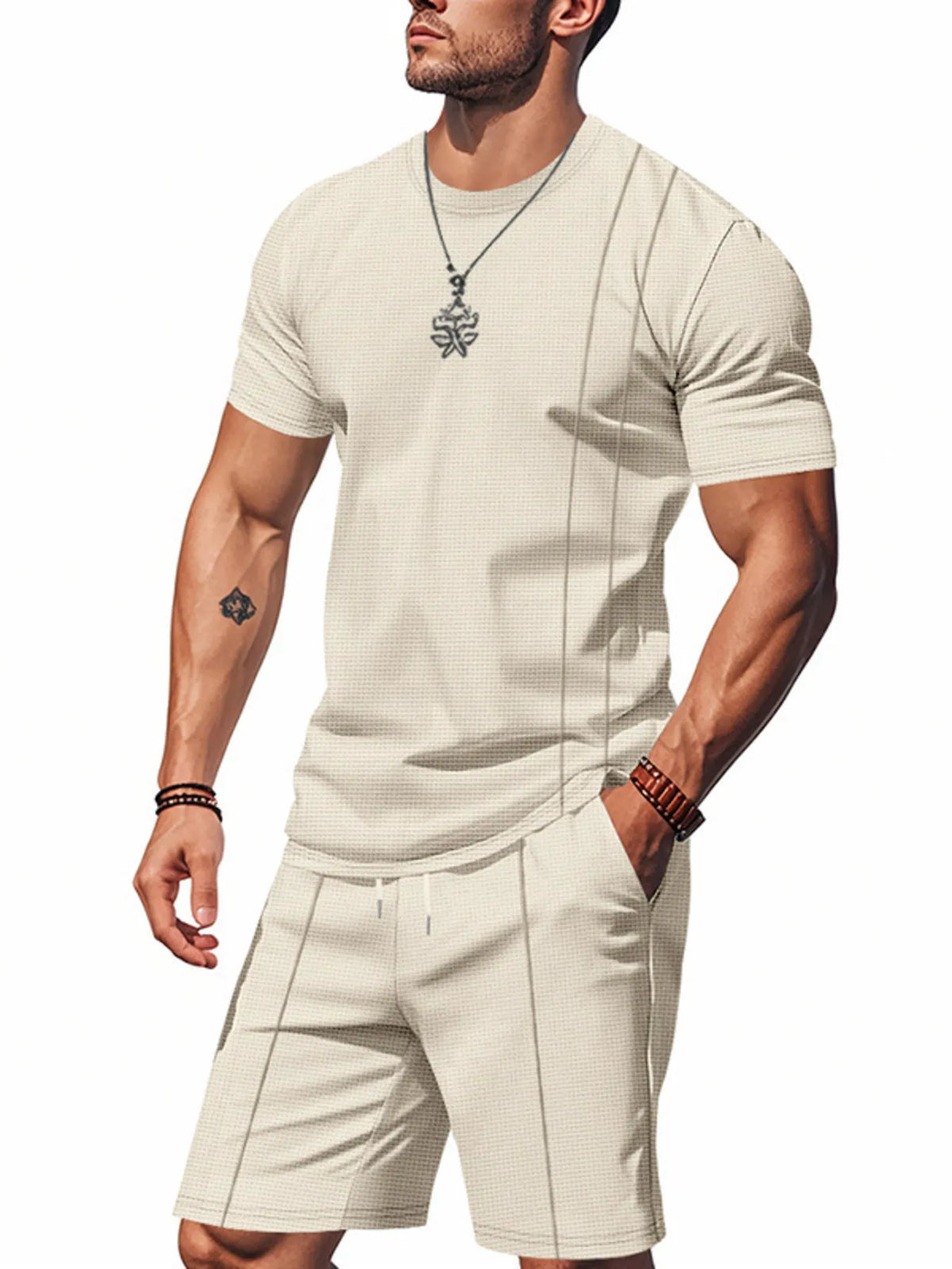 Men's Full Size Round Neck Short Sleeve Top and Shorts Set Plus Size, view 2