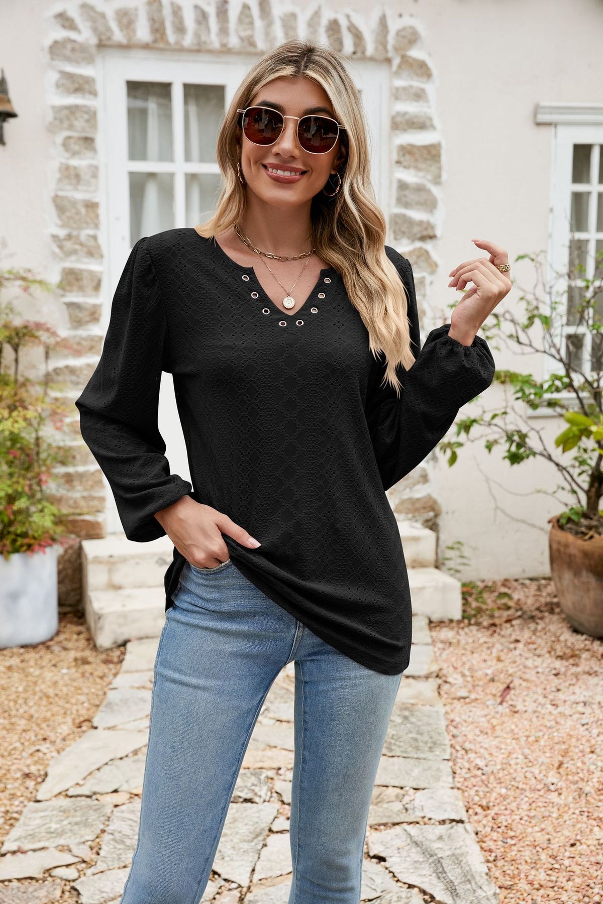 Eyelet Notched Neck Balloon Sleeve Blouse in Black