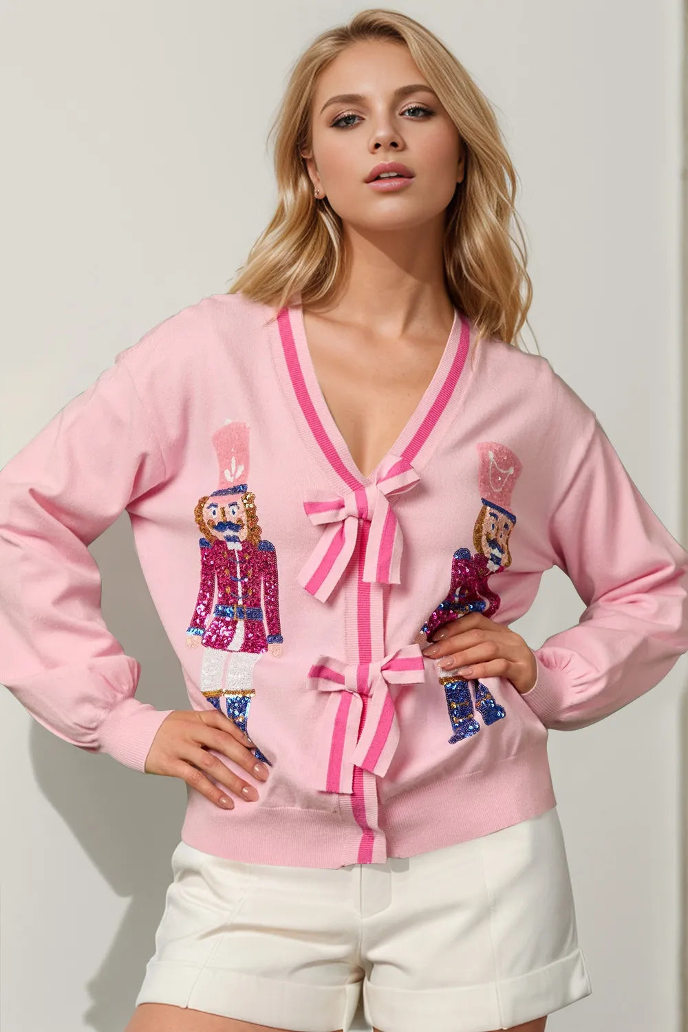 Double Take Full Size Nutcracker Sequin Bow Decor Cardigan - Lilixa.store