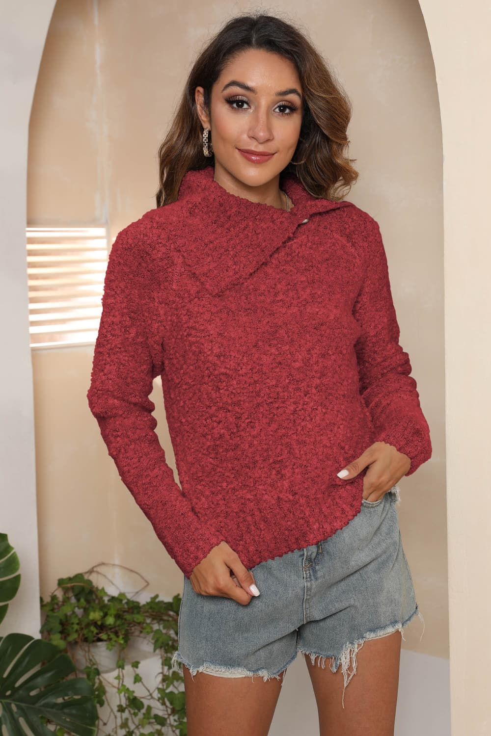 Asymmetrical Neck Long Sleeve Pullover Sweater in Deep Red