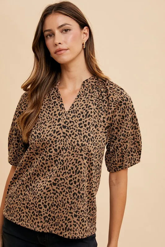 Annie Wear Animal Print Knit Volume Sleeve Blouse - Lilixa.store