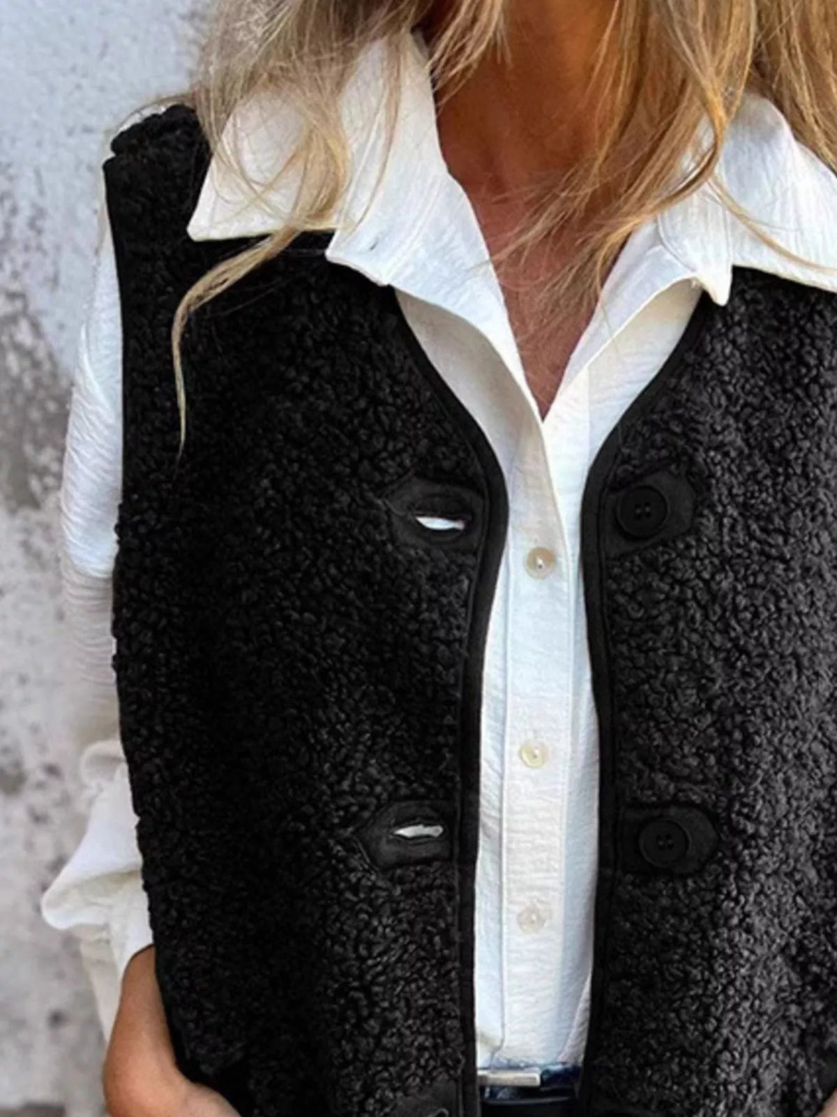 Full Size Cozy Sherpa Fleece Button-Up Vest Coat with Pockets Plus Size - Lilixa.store