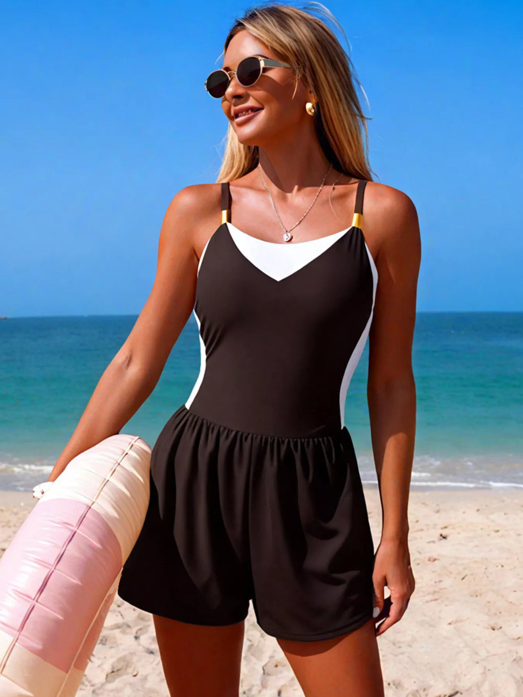 Color Block Adjustable Strap One-Piece Swimsuit - Lilixa.store