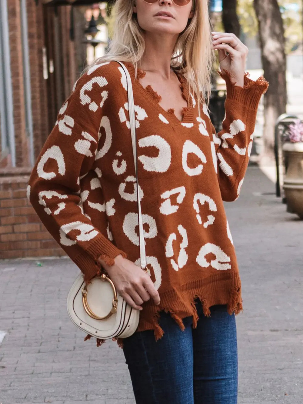 Leopard Frayed Hem Long Sleeve Sweater in Brown, view 4
