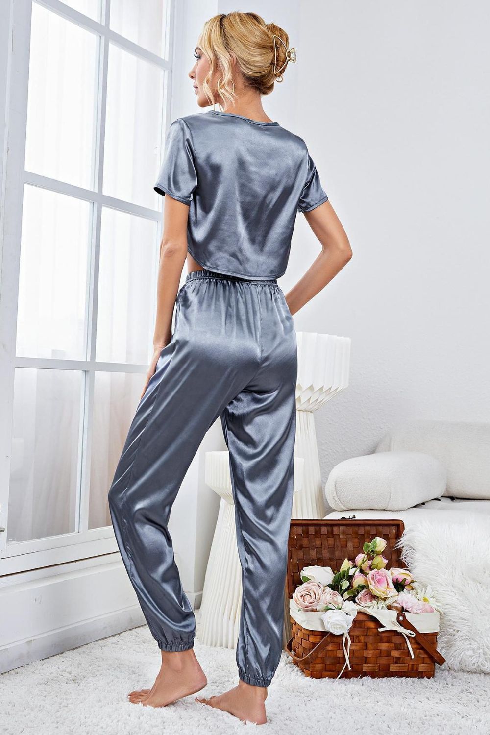 Satin Short Sleeve Crop Top and Joggers Lounge Set - Lilixa.store