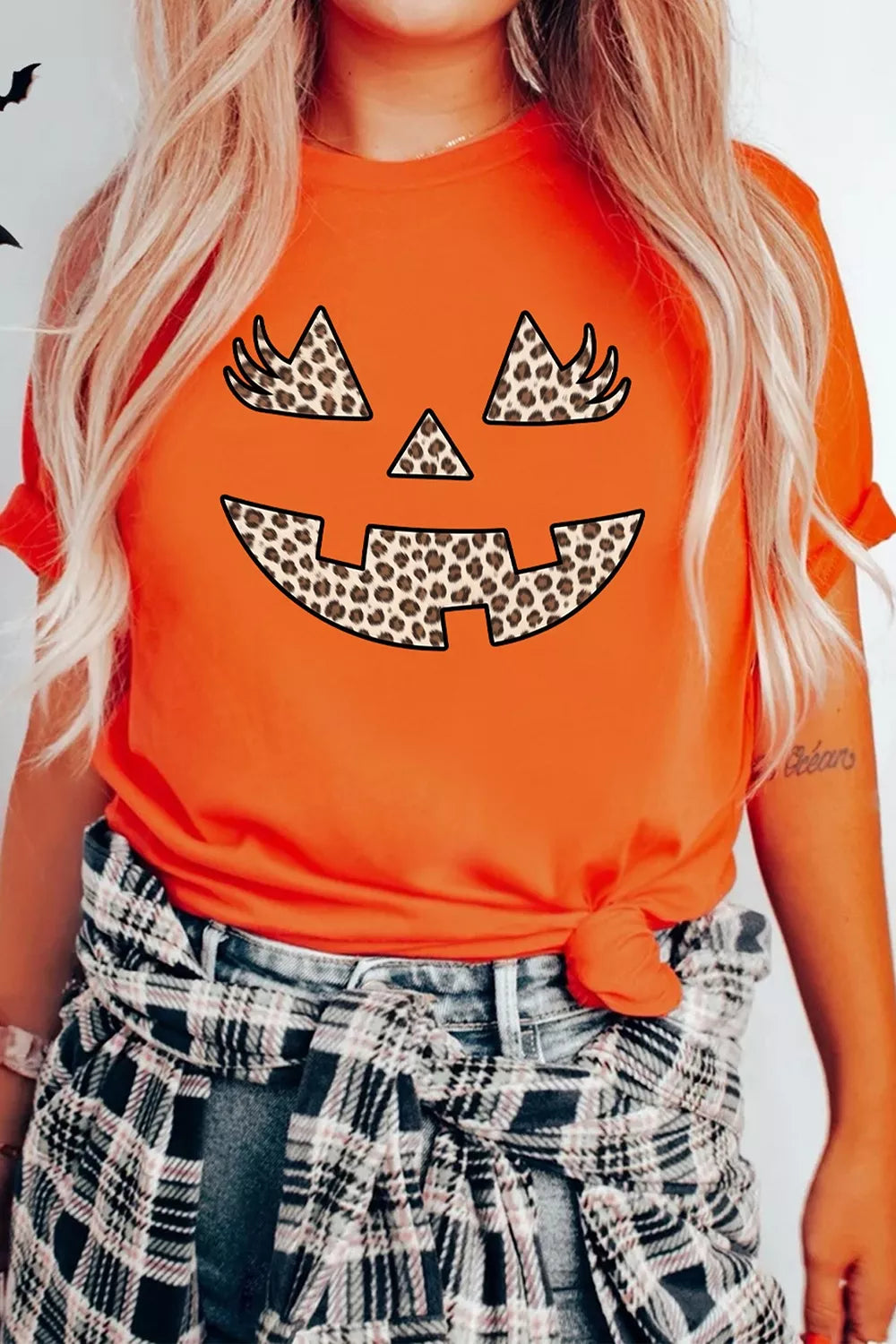 Halloween Pumpkin Face Leopard Graphic T-Shirt